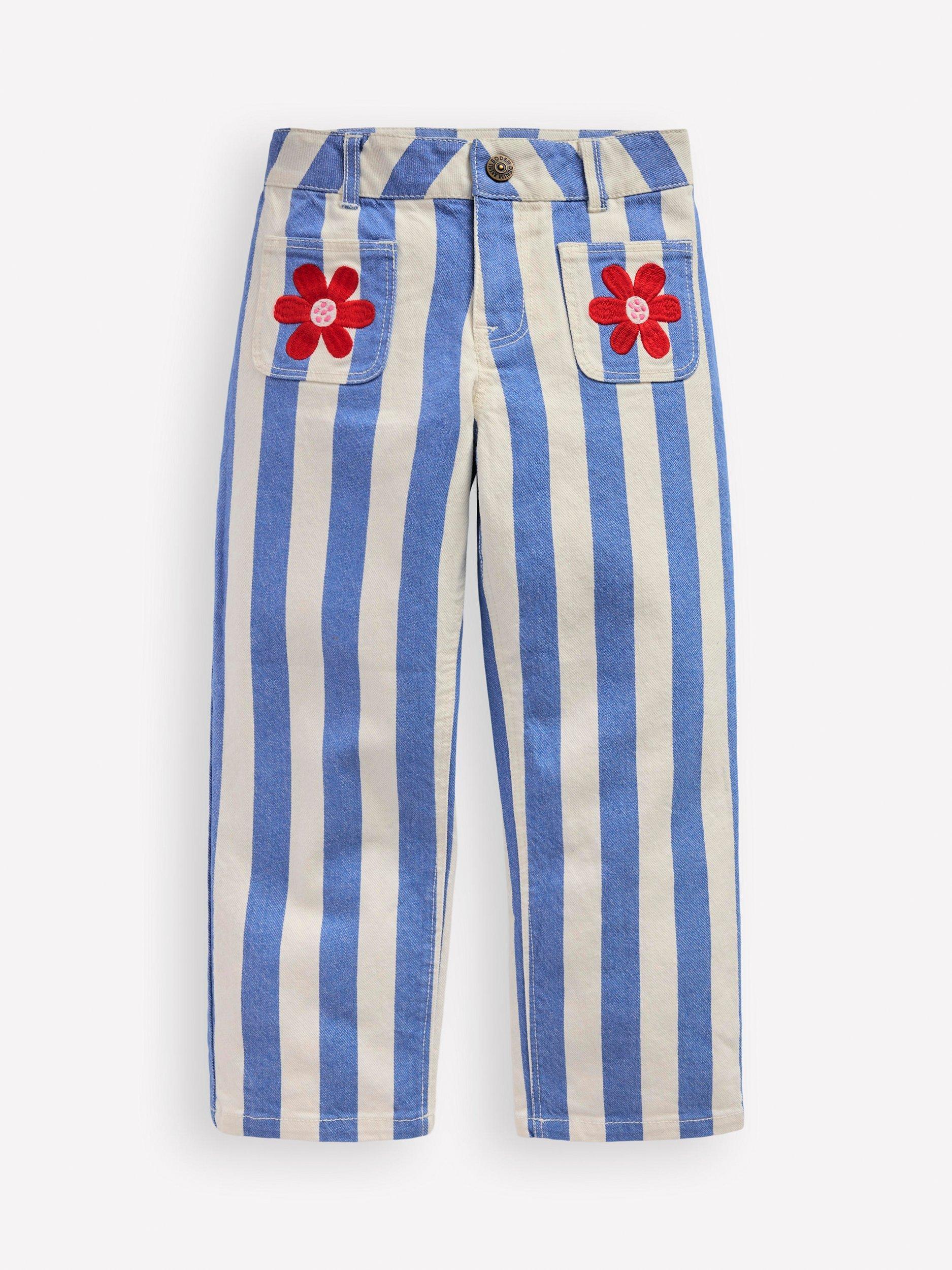 Product image 1 of 3, which shows Mini Boden Kids' Patch Pocket Striped Trousers, Plume Blue/Ivory, 2-3 years