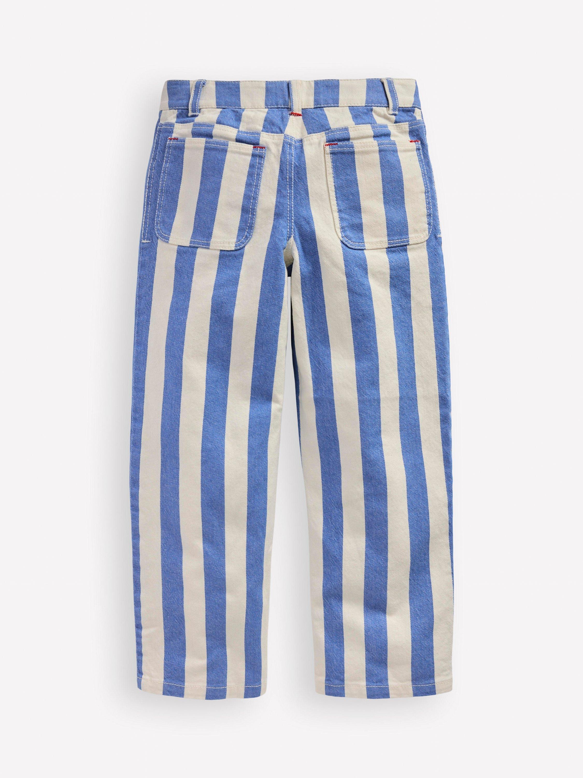 Product image 2 of 3, which shows Mini Boden Kids' Patch Pocket Striped Trousers, Plume Blue/Ivory, 2-3 years