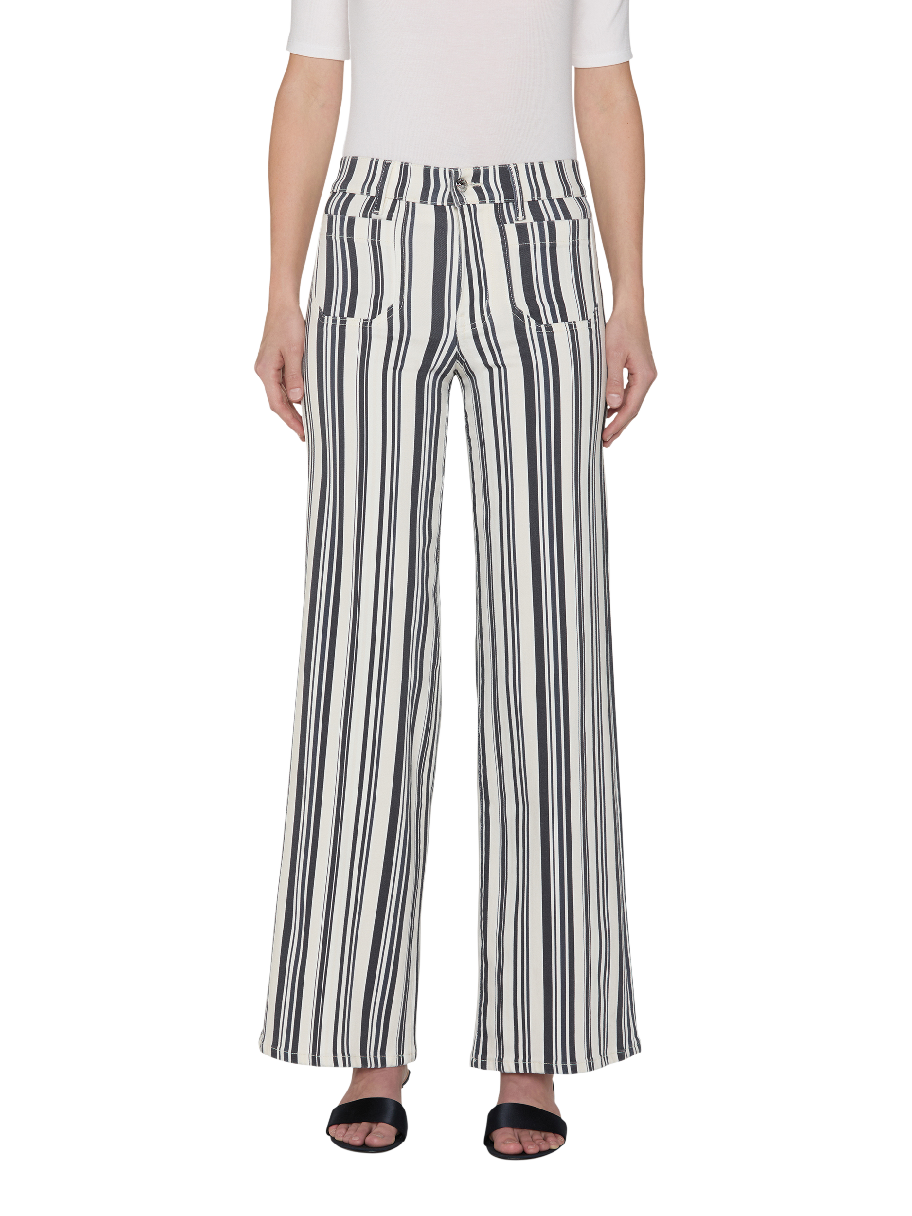 Product image 1 of 6, which shows FRAME Le Slim Stripe Palazzo Jeans, White/Navy, 25