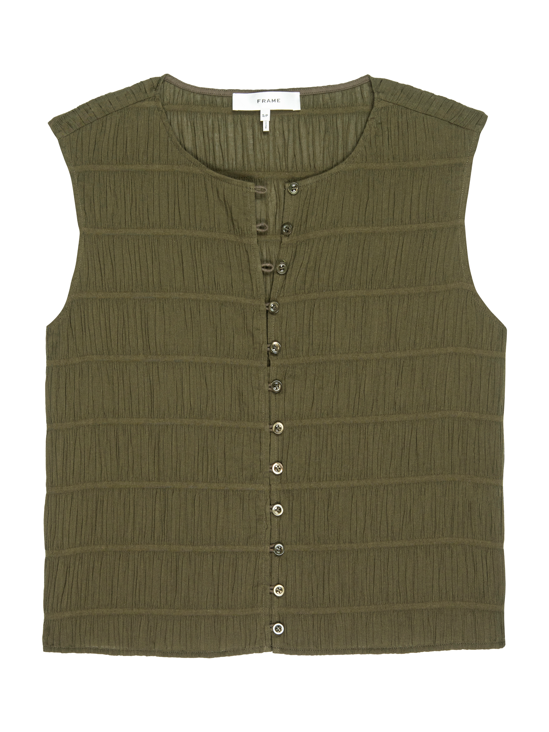 Product image 1 of 1, which shows FRAME The Smocked Tank Top, Khaki, XS