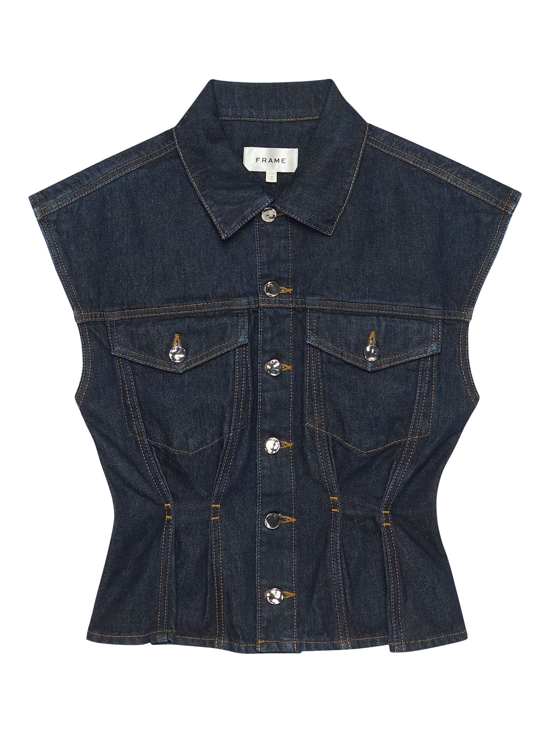 Product image 1 of 1, which shows FRAME The Nipped Denim Vest Top, Dark Blue, XS
