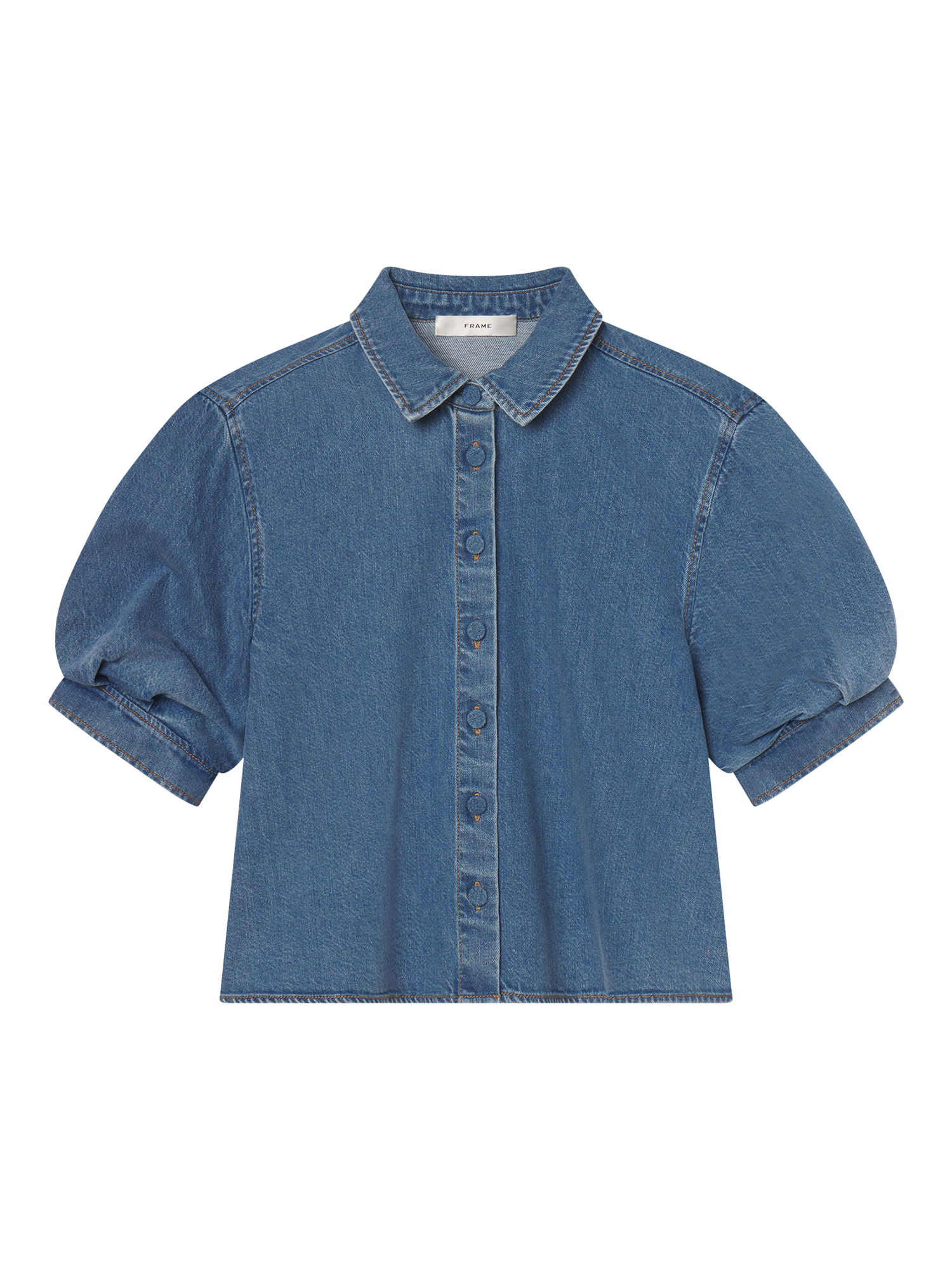 Product image 1 of 3, which shows FRAME Billow Sleeve Denim Shirt, Blue, XS