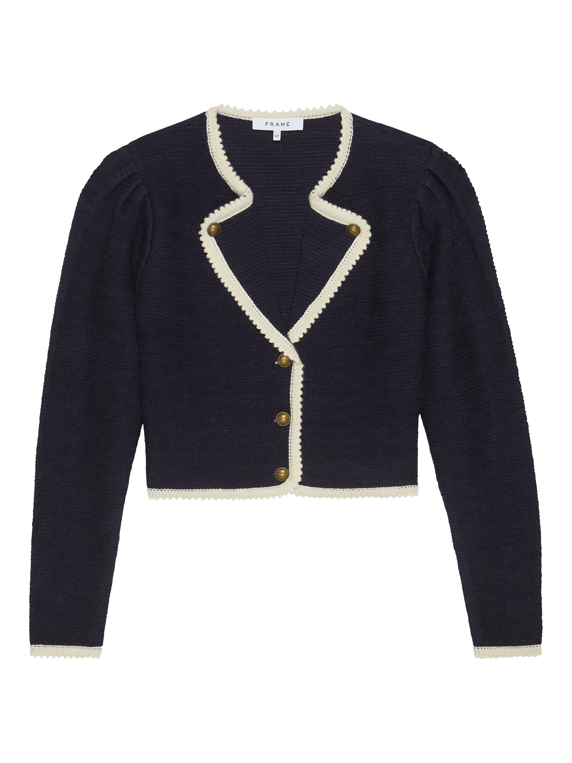 Product image 1 of 1, which shows FRAME Corded Cardigan, Navy/White, XS