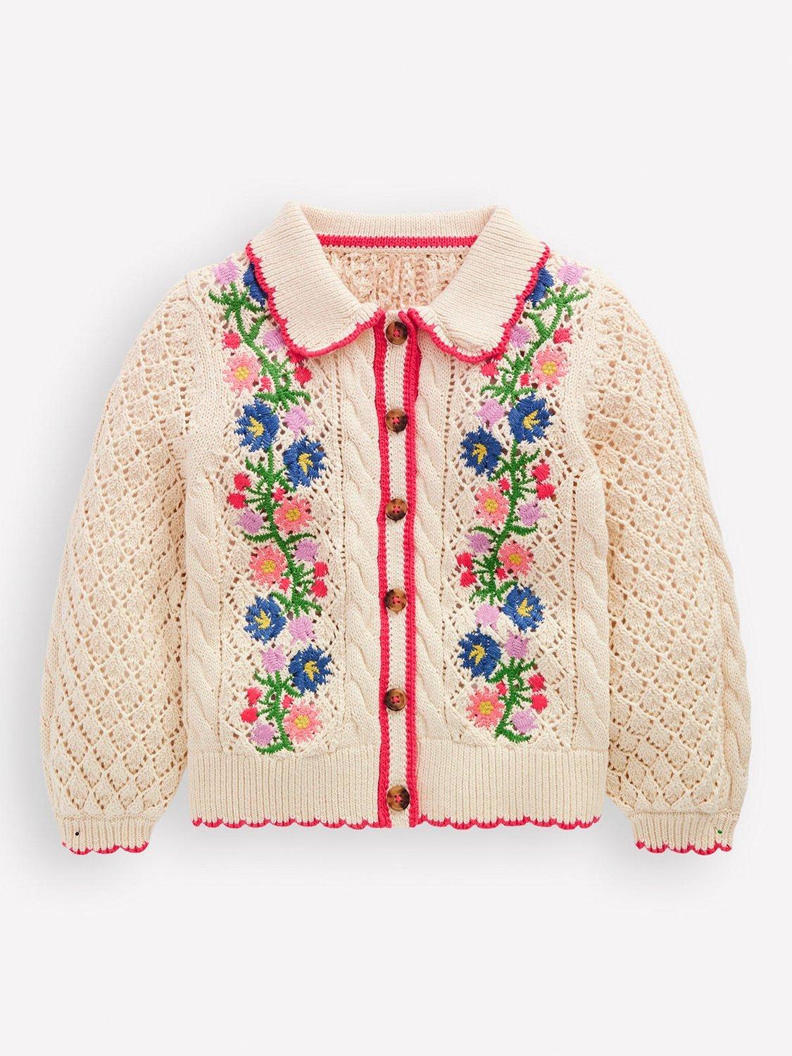 Product image 1 of 3, which shows Mini Boden Kids' Cotton Embroidered Cardigan, Warm Ivory Floral, 2-3 years