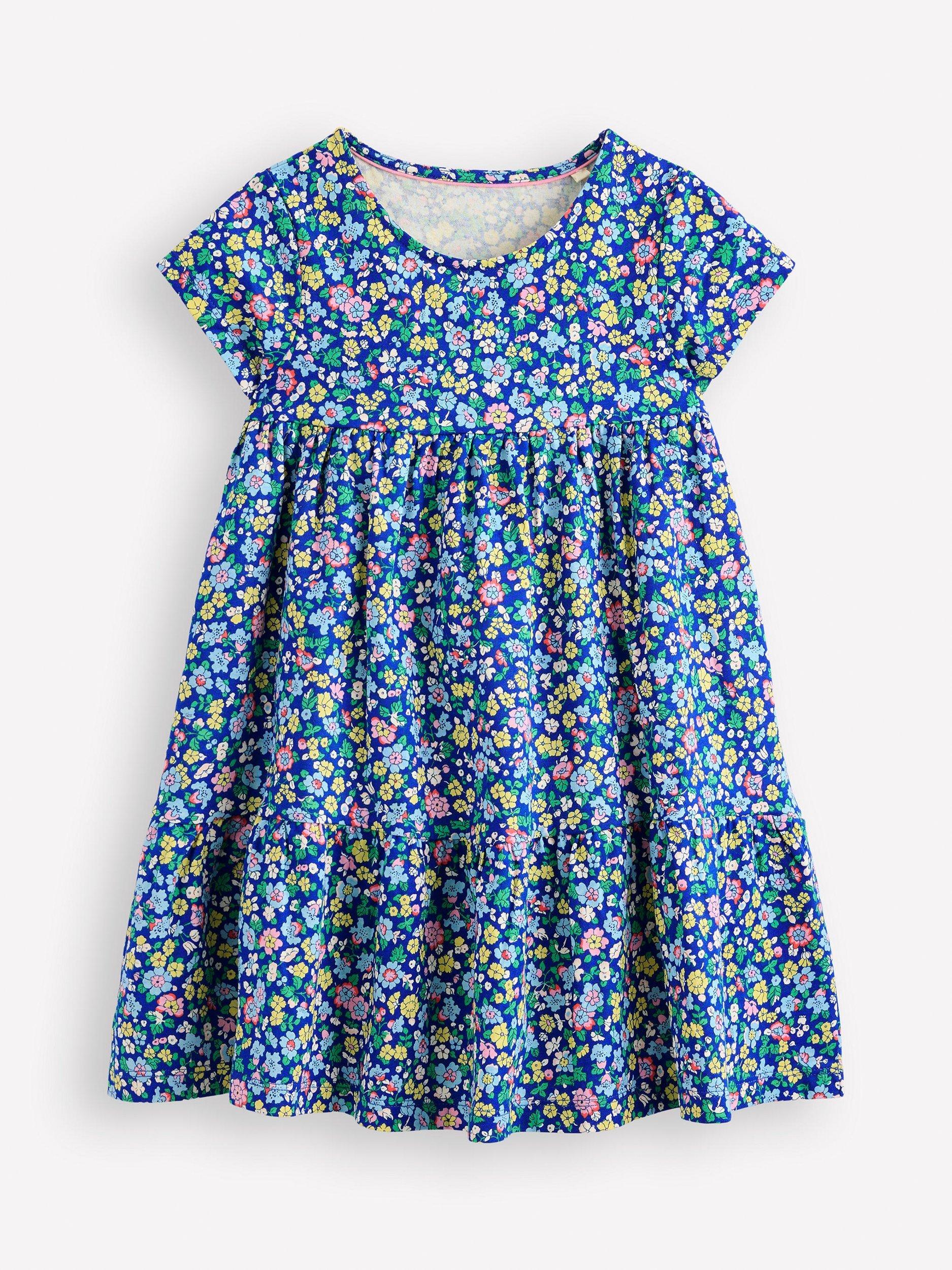 Mini Boden Kids' Ariel Twirly Cotton Jersey Dress, Blue Nautical Floral