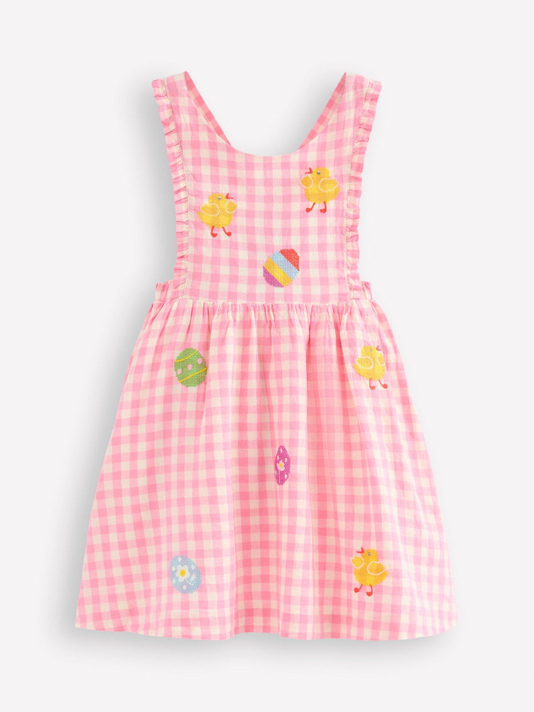 Product image 1 of 3, which shows Mini Boden Kids' Gladys Pinafore Dress, Pink Gingham Easter, 6-7 years