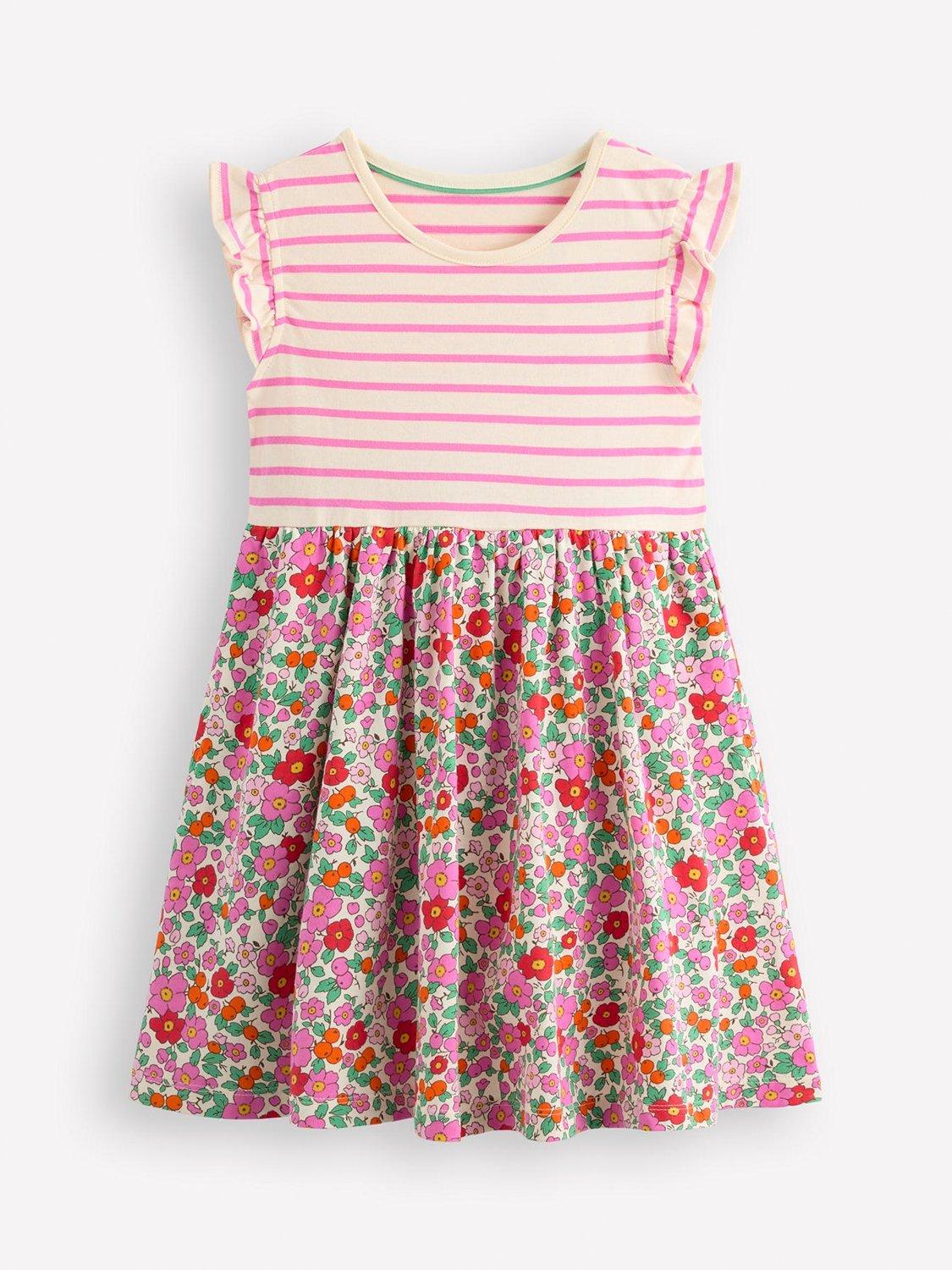 Product image 1 of 3, which shows Mini Boden Kids' Posie Cotton Frill Sleeve Dress, Apple Blossom Floral, 7-8 years