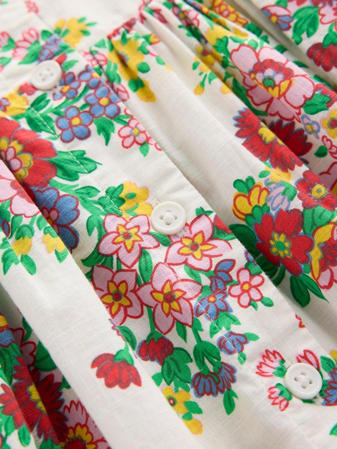 Product image 3 of 3, which shows Mini Boden Kids' Remy Button Through Cotton Pinafore Dress, Ivory Flower Bunch, 3-4 years