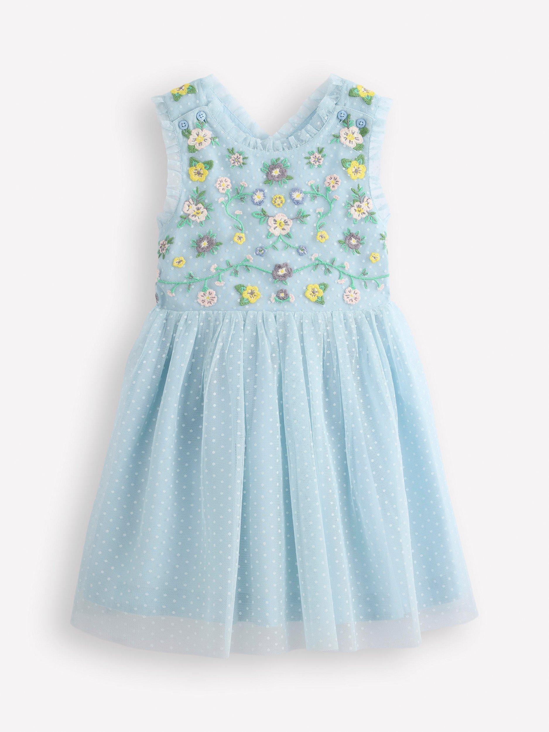 Mini Boden Kids' Tulle Cross-Back Dress, Floral Embroidery