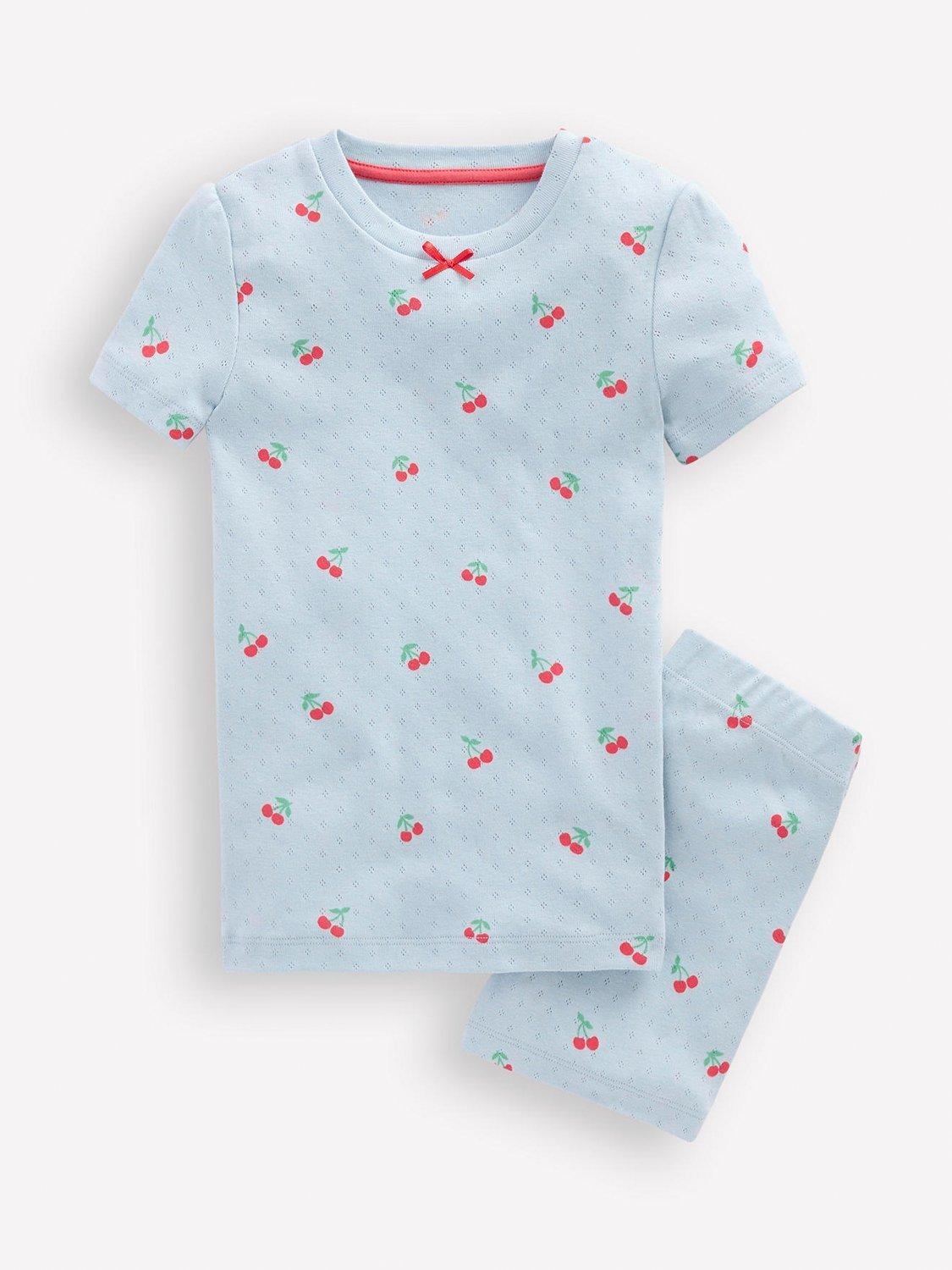 Product image 1 of 3, which shows Mini Boden Kids' Snug Cotton Pointelle Pyjamas, Misty Blue Cherries, 2 years