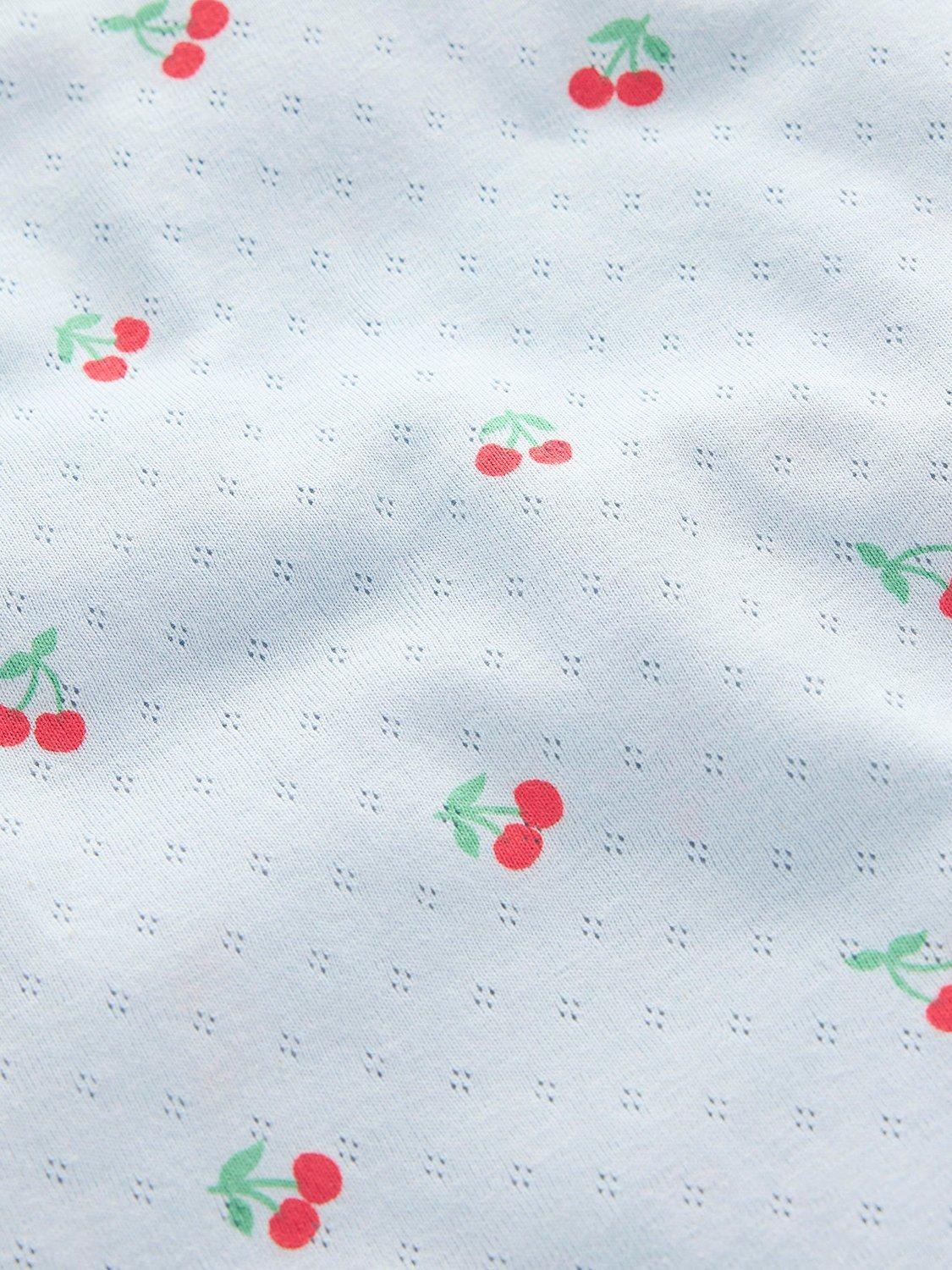 Product image 3 of 3, which shows Mini Boden Kids' Snug Cotton Pointelle Pyjamas, Misty Blue Cherries, 2 years