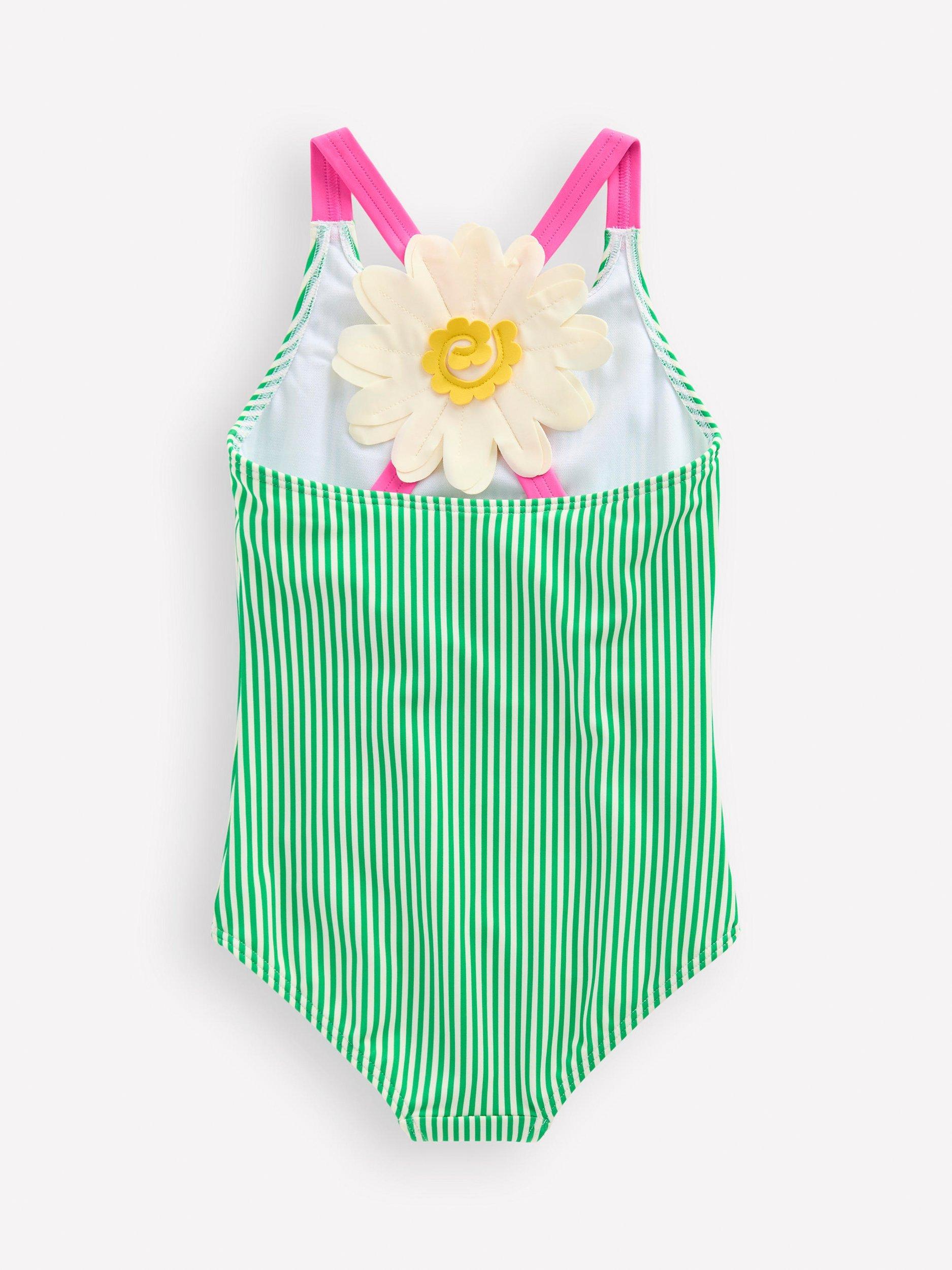 Product image 1 of 3, which shows Mini Boden Kids' Brodie Appliqué Back Swimsuit, Green/Multi, 2-3 years