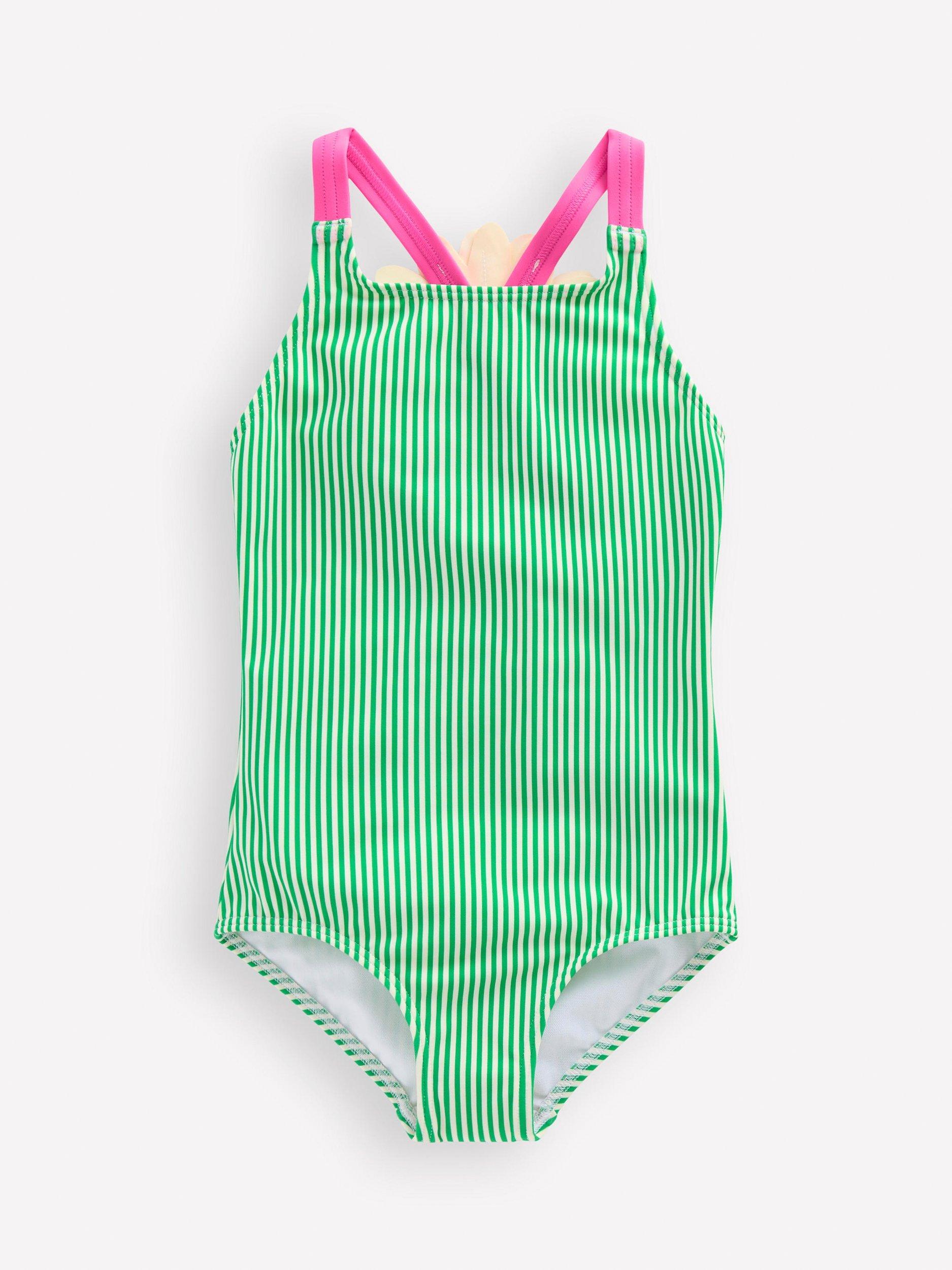 Product image 2 of 3, which shows Mini Boden Kids' Brodie Appliqué Back Swimsuit, Green/Multi, 2-3 years