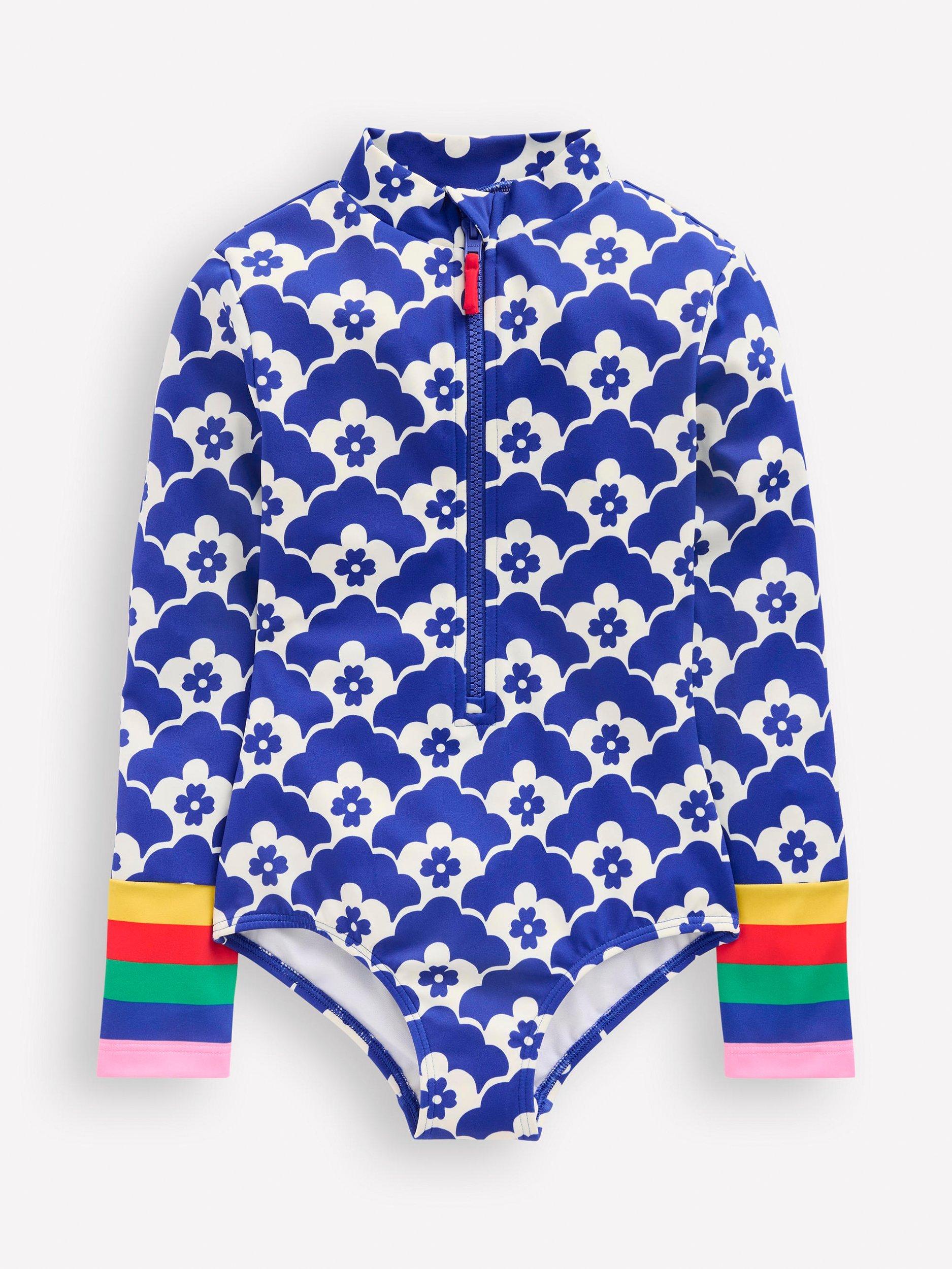 Product image 1 of 3, which shows Mini Boden Kids' Long Sleeve Swimsuit, Blue Flower Geo, 2-3 years