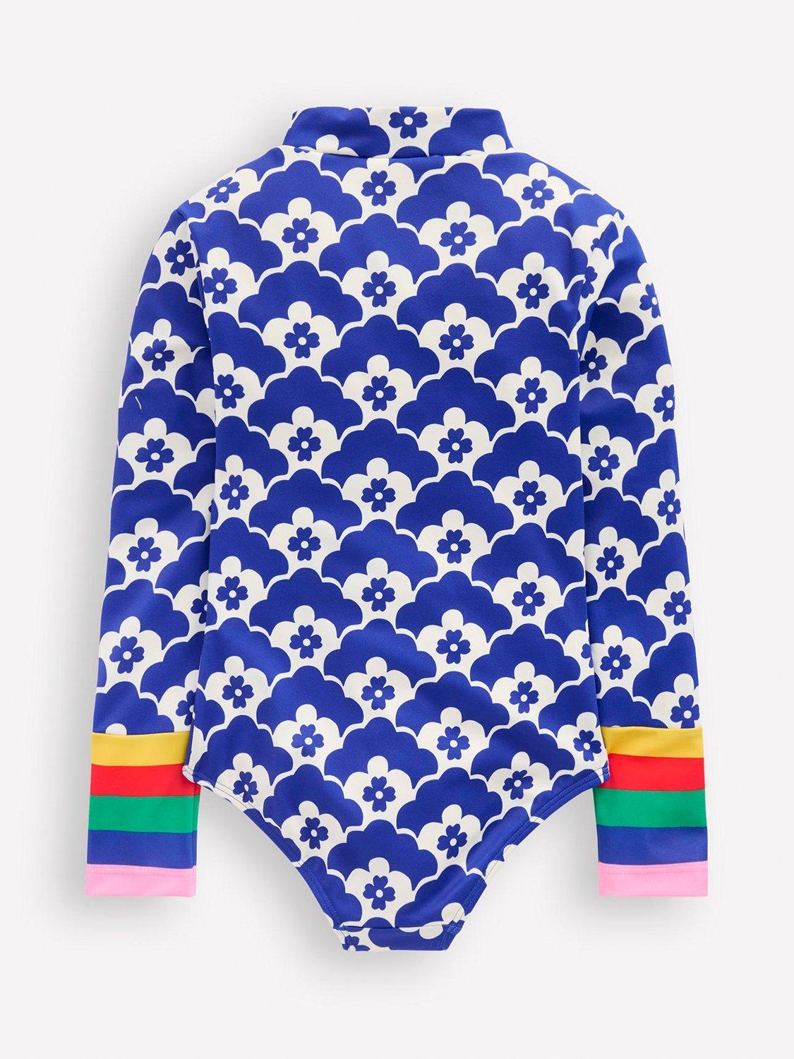 Product image 2 of 3, which shows Mini Boden Kids' Long Sleeve Swimsuit, Blue Flower Geo, 2-3 years