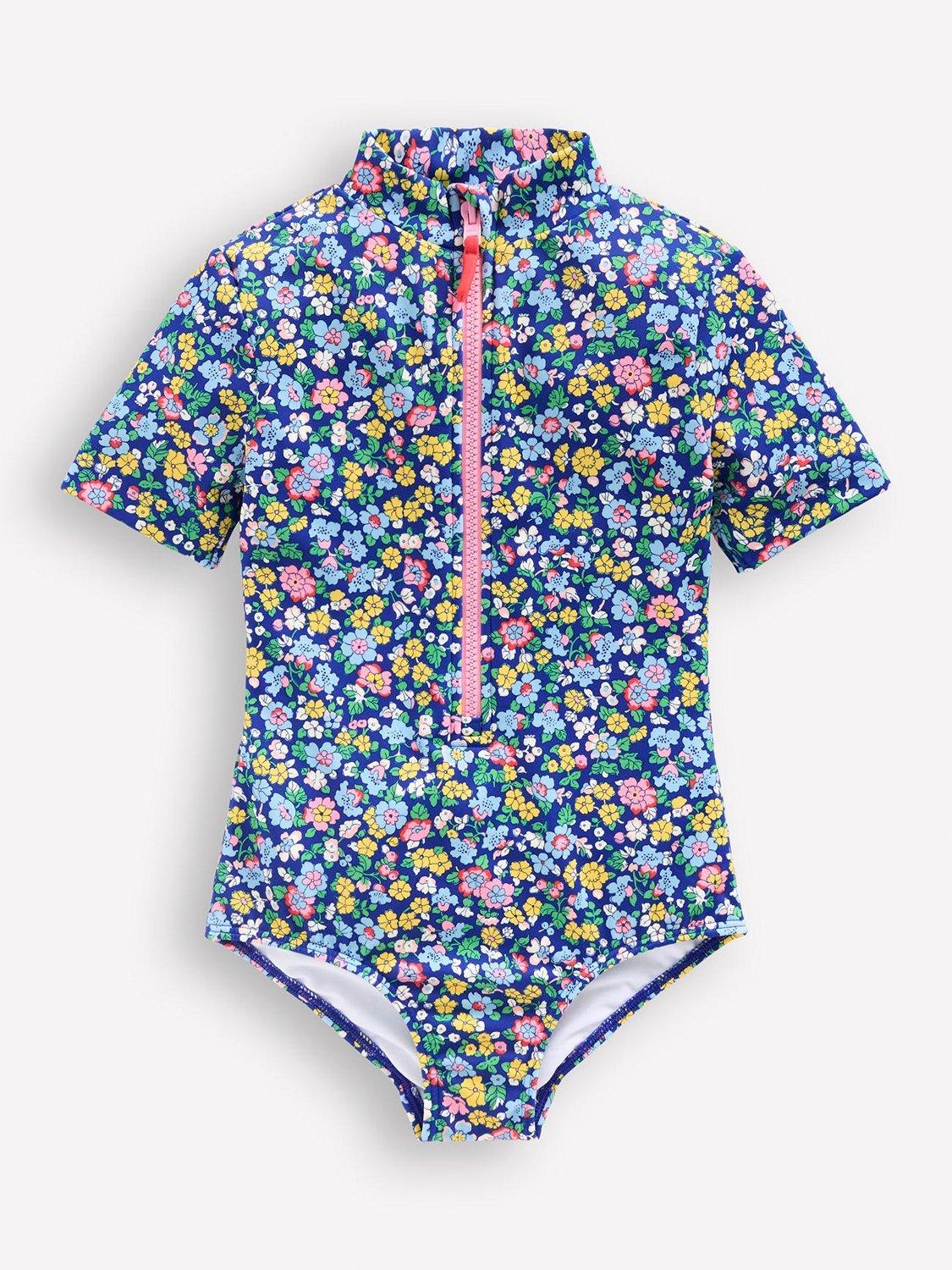 Mini Boden Kids' Short Sleeve Swimsuit, Blue Nautical Floral