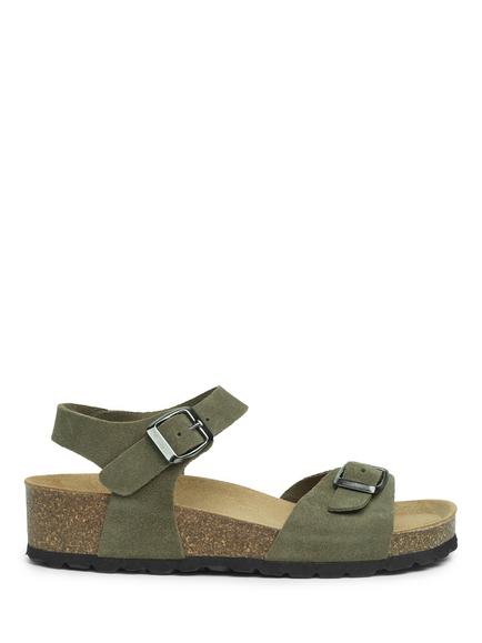 Celtic & Co. Leather Low Wedge Double Buckle Sandals, Olive, Olive