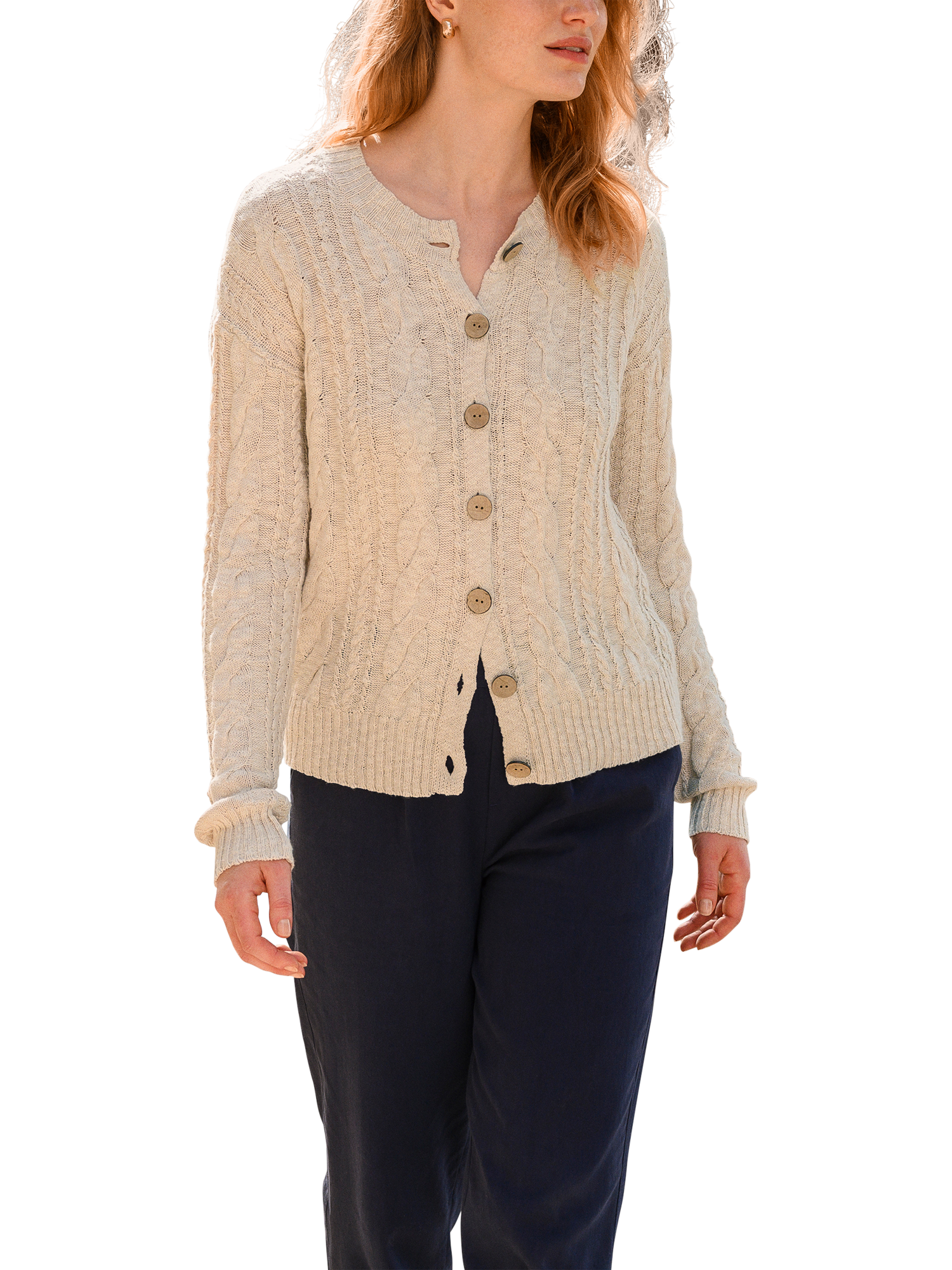 Product image 1 of 7, which shows Celtic & Co. Cable Knit Crew Neck Cardigan, Oatmeal, XS