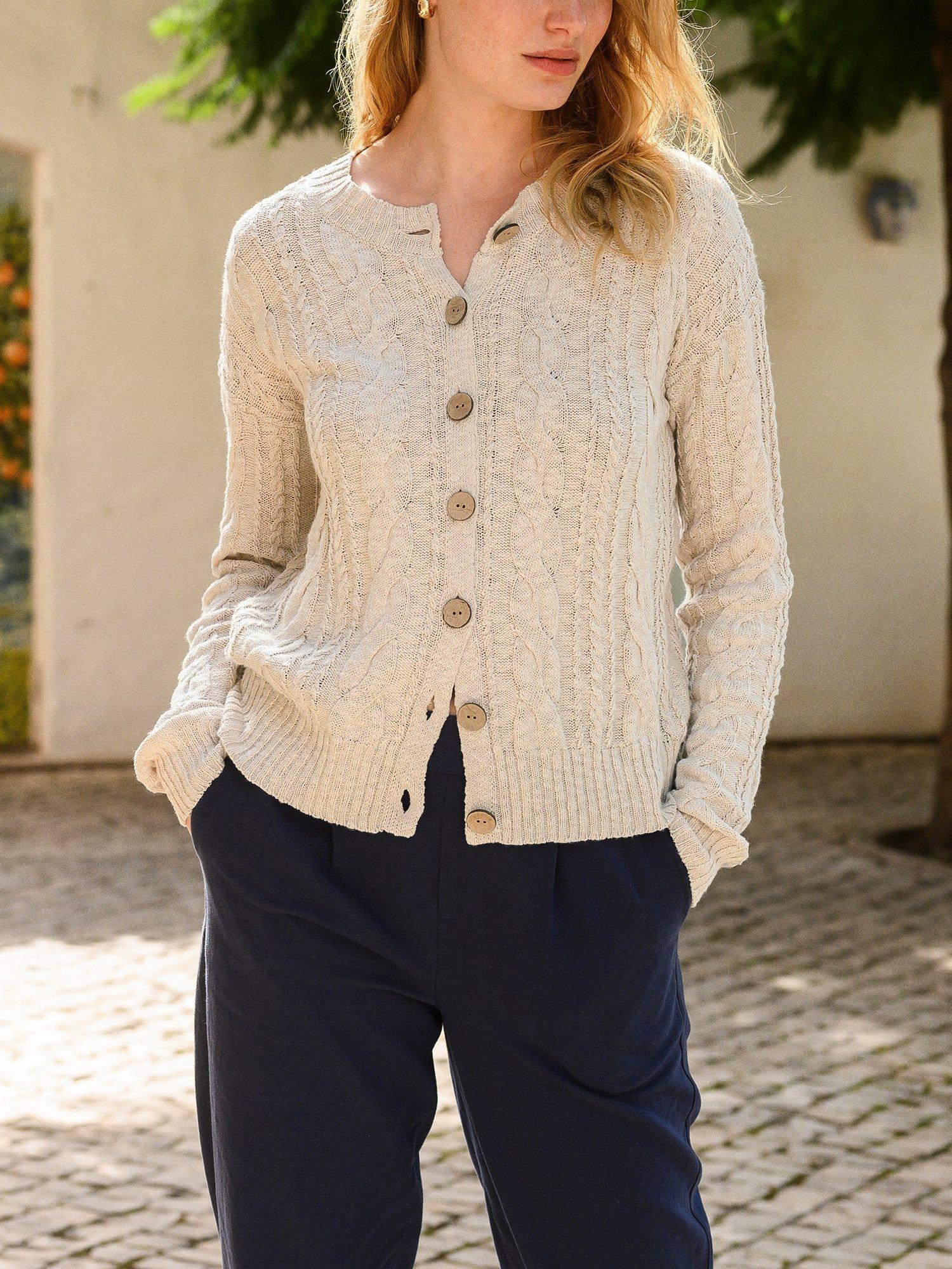 Product image 2 of 7, which shows Celtic & Co. Cable Knit Crew Neck Cardigan, Oatmeal, XS