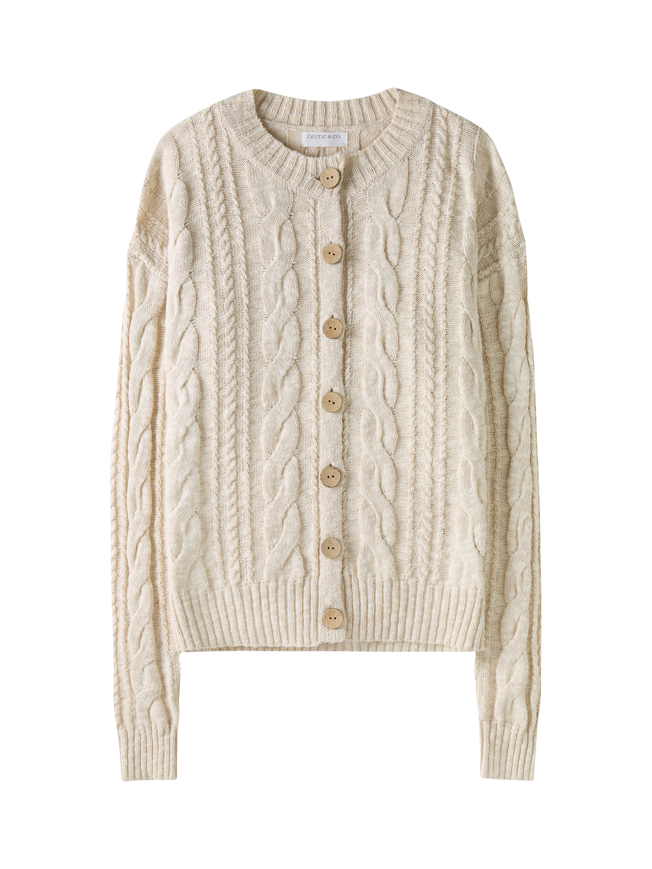 Product image 3 of 7, which shows Celtic & Co. Cable Knit Crew Neck Cardigan, Oatmeal, XS