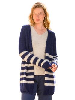 Celtic & Co. Stripe Longline Wool Rich Open Neck Cardigan, Navy/Oatmeal, Navy/Oatmeal