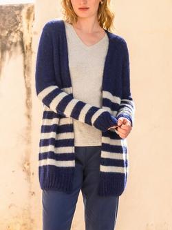 Celtic & Co. Stripe Longline Wool Rich Open Neck Cardigan, Navy/Oatmeal - view 2, Navy/Oatmeal