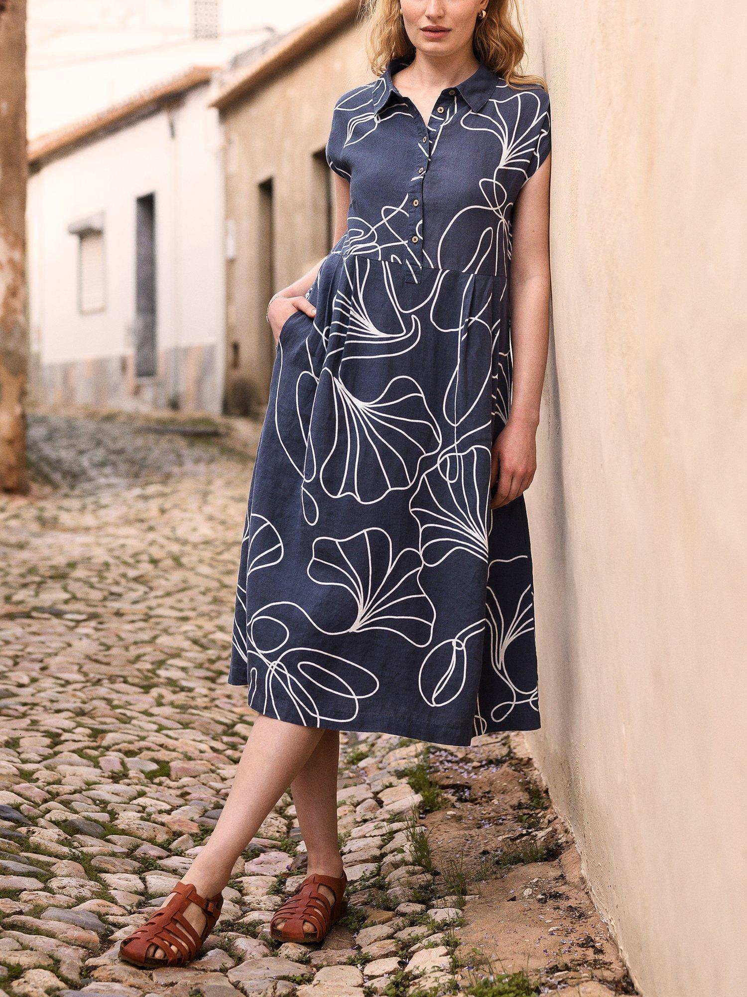 Product image 1 of 7, which shows Celtic & Co. Abstract Pure Linen Midi Dress, Navy/White, 8