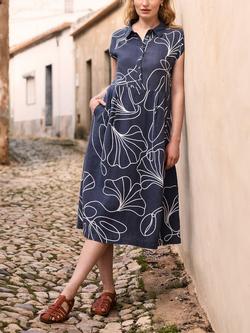 Celtic & Co. Abstract Pure Linen Midi Dress, Navy/White, Navy/White