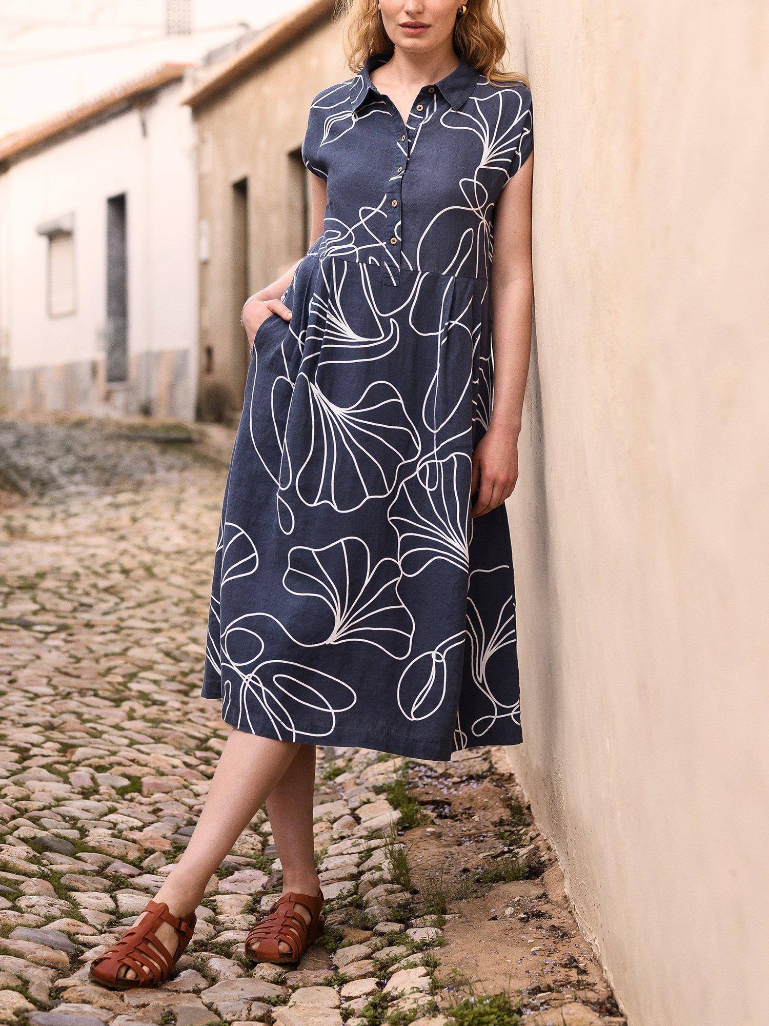 Product image 2 of 7, which shows Celtic & Co. Abstract Pure Linen Midi Dress, Navy/White, 8