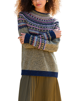 Celtic & Co. Fair Isle Yoke Pure Wool Jumper, Moss/Multi, Moss/Multi