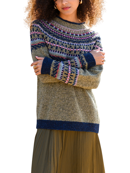 Celtic & Co. Fair Isle Yoke Pure Wool Jumper, Moss/Multi, Moss/Multi