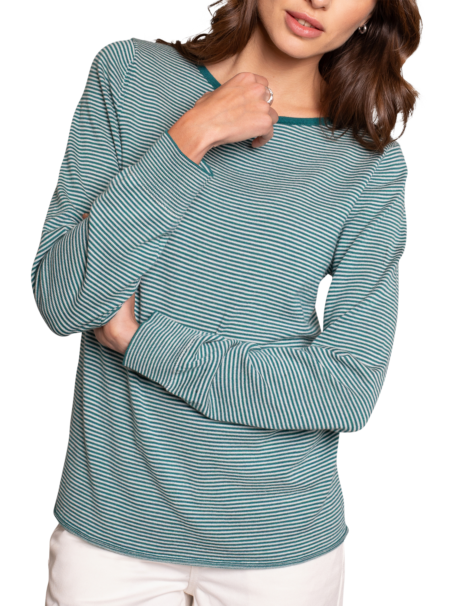 Product image 2 of 6, which shows Celtic & Co. Stripe Fine Knit Pure Merino Wool Jumper, Icelandic, XS