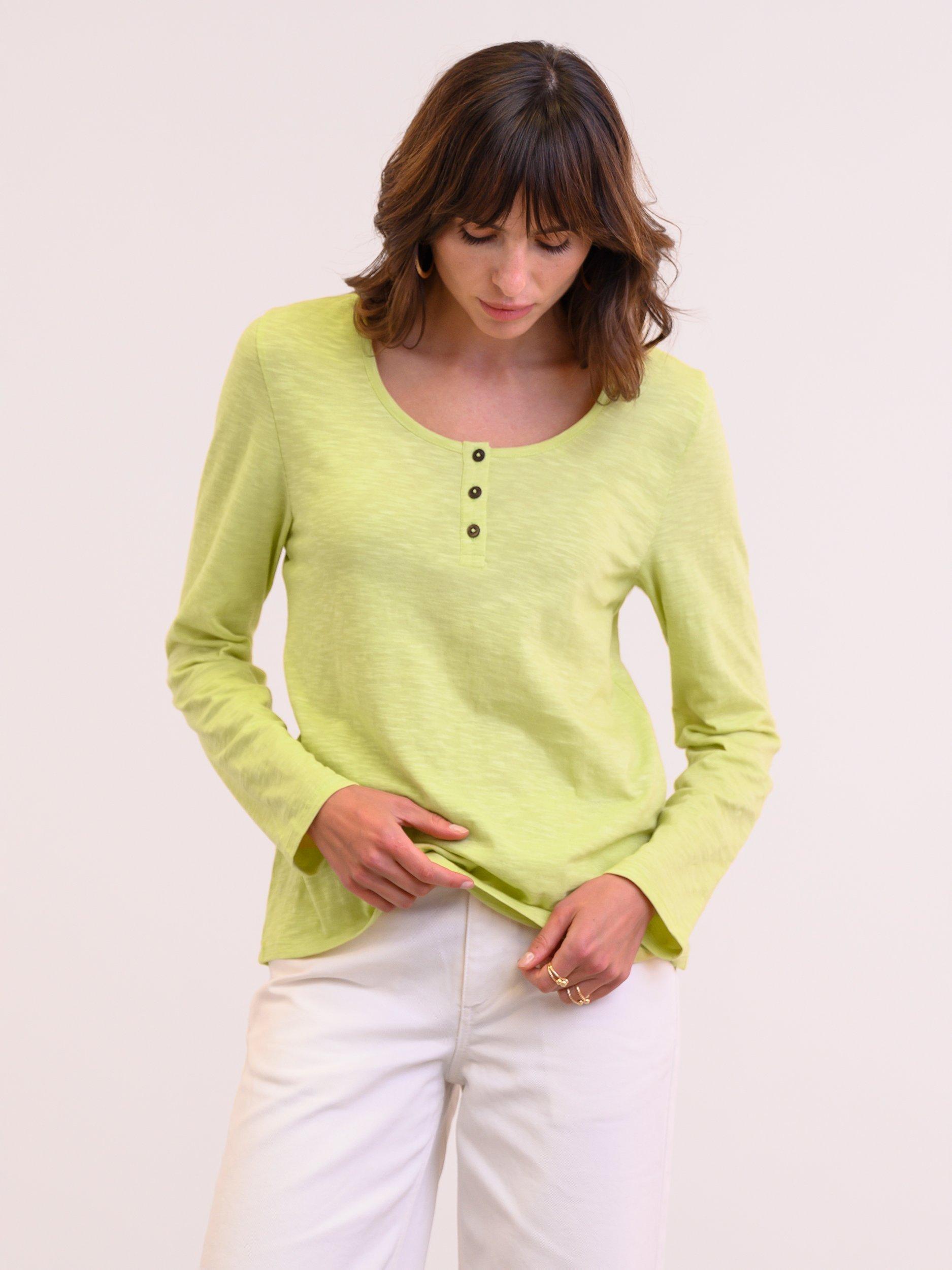 Product image 1 of 4, which shows Celtic & Co. Slub Scoop Neck Henley Top, Fennel, Fennel, 8