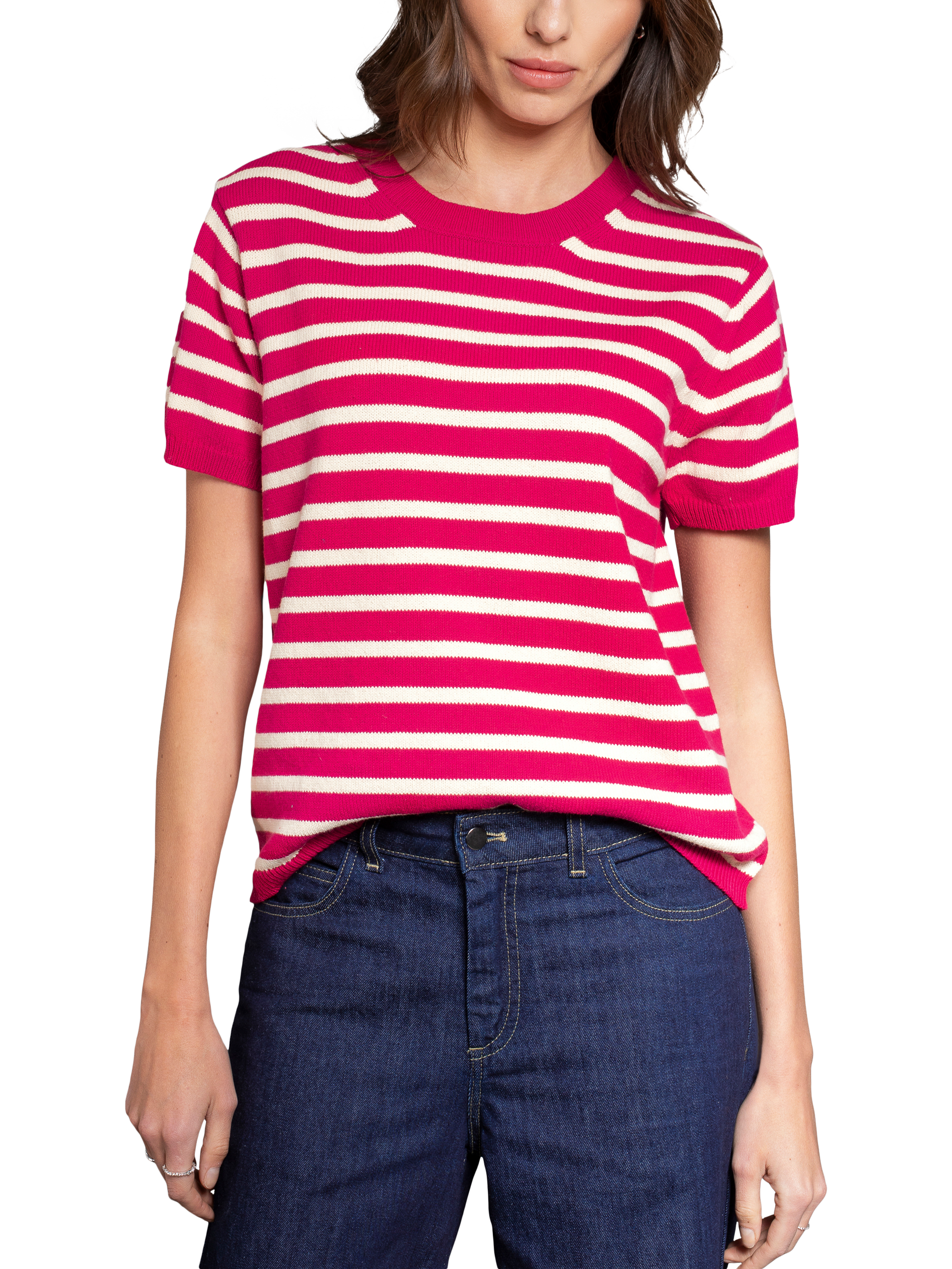 Product image 2 of 7, which shows Celtic & Co. Stripe Knit Crew Neck T-Shirt, Raspberry, XS