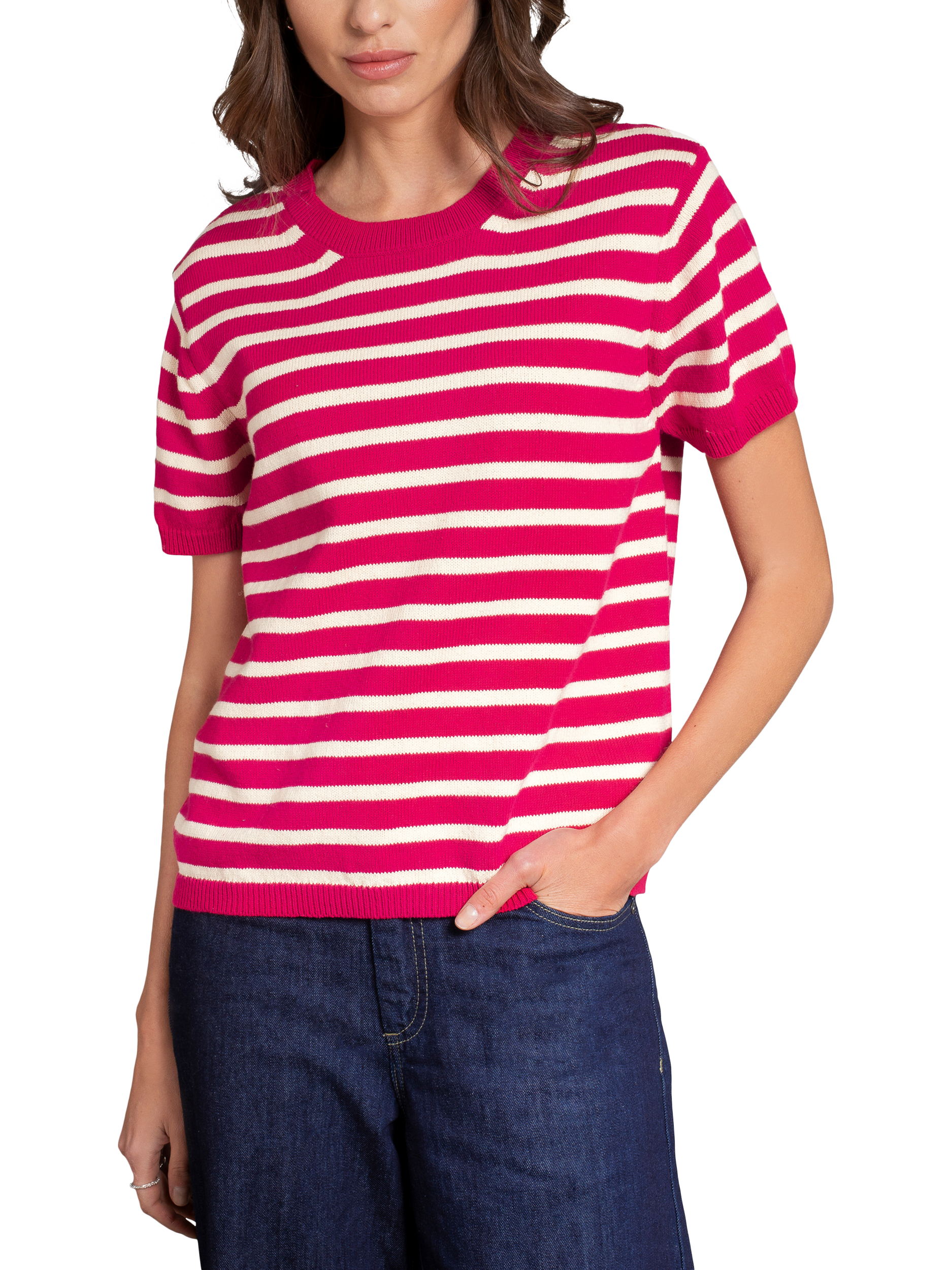 Product image 3 of 7, which shows Celtic & Co. Stripe Knit Crew Neck T-Shirt, Raspberry, XS
