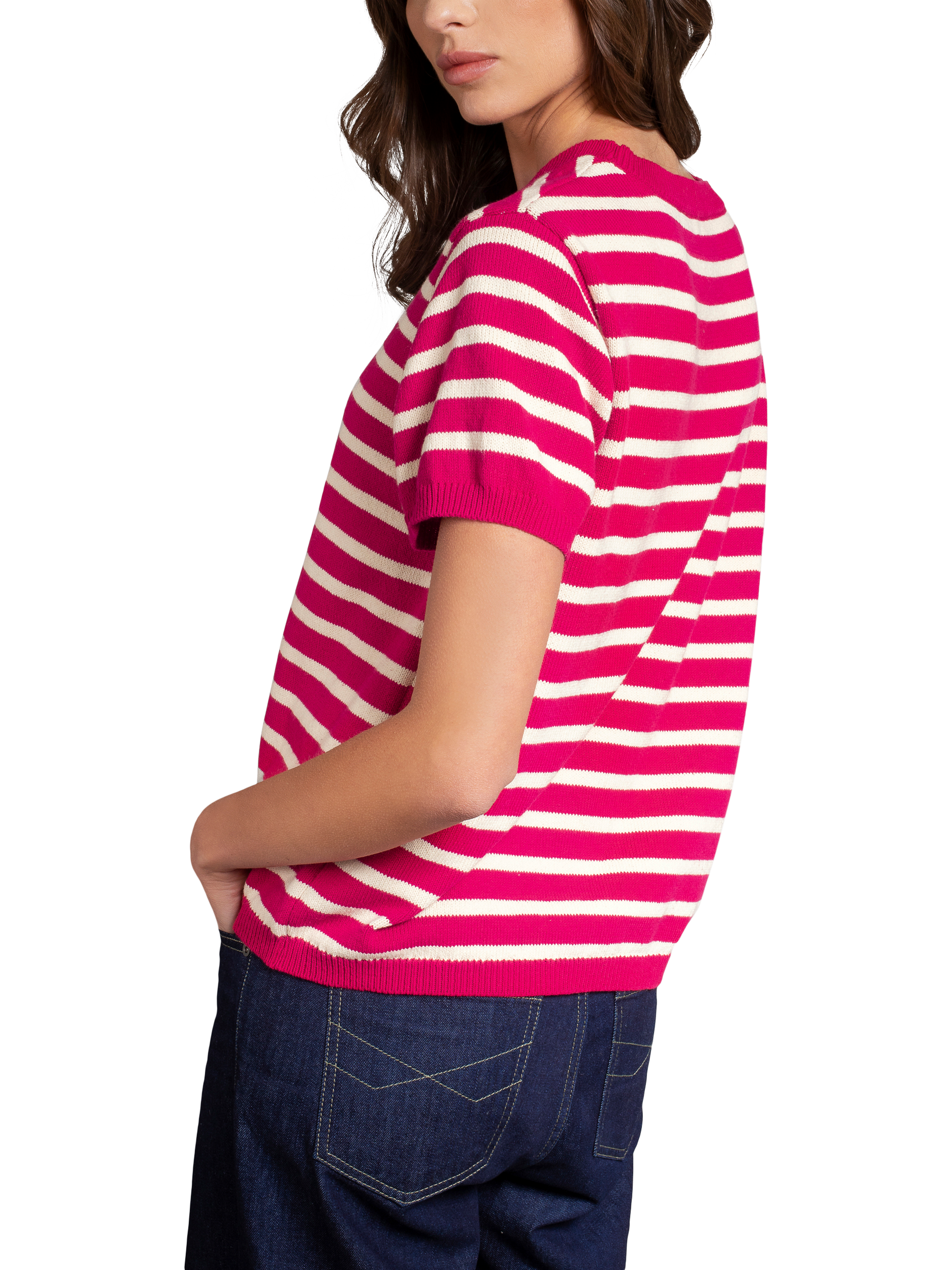 Product image 4 of 7, which shows Celtic & Co. Stripe Knit Crew Neck T-Shirt, Raspberry, XS
