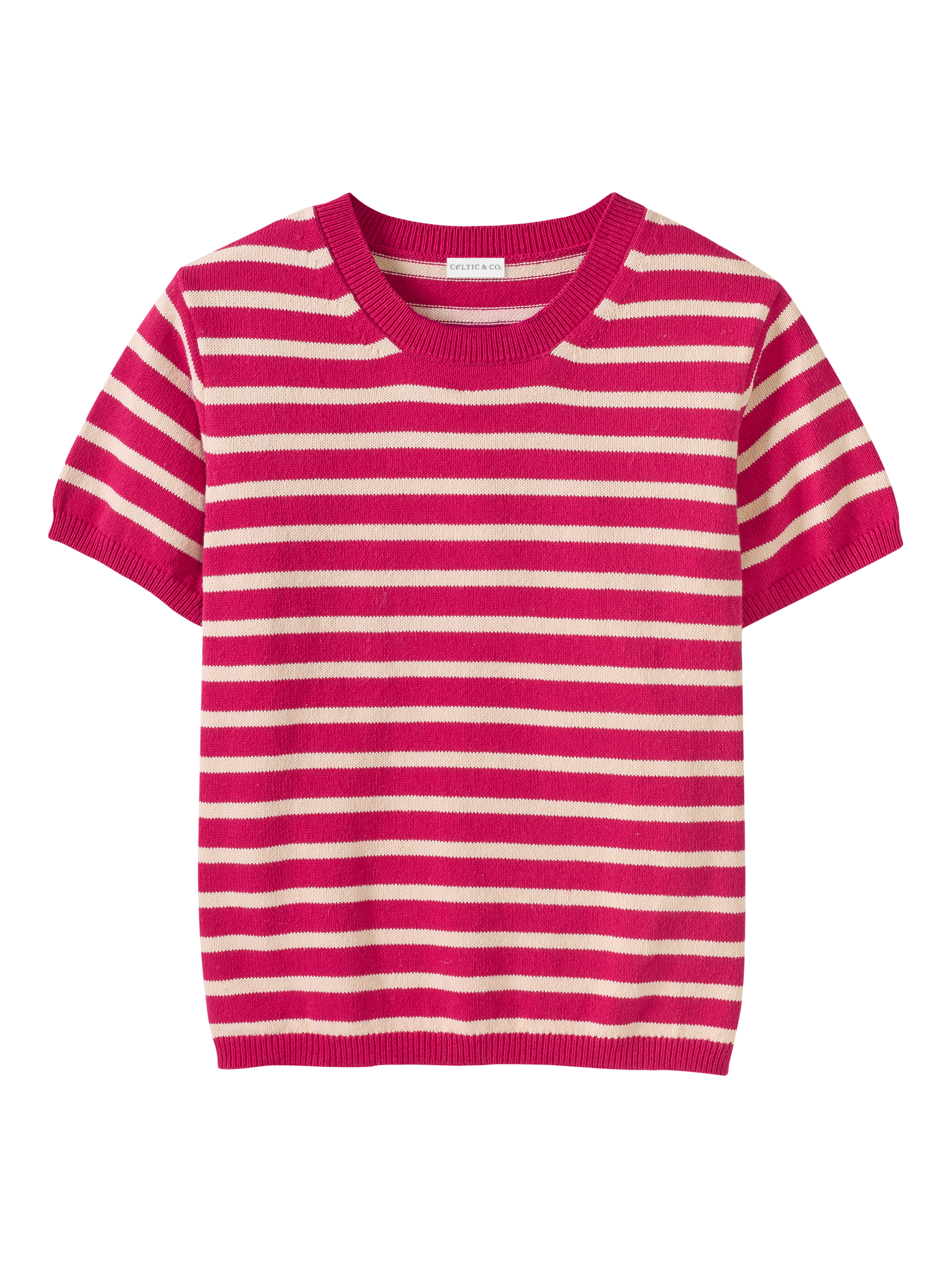 Product image 6 of 7, which shows Celtic & Co. Stripe Knit Crew Neck T-Shirt, Raspberry, XS