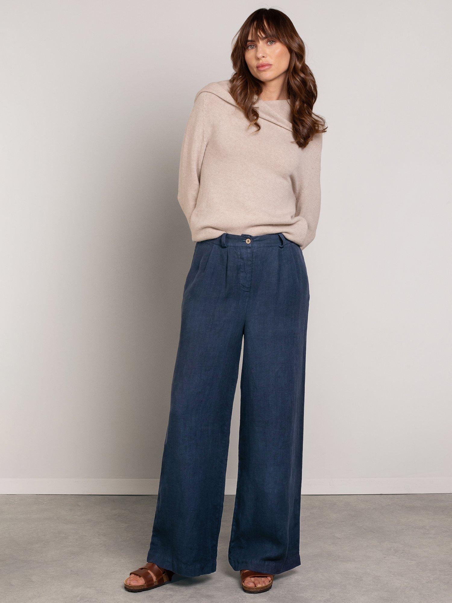 Product image 1 of 2, which shows Celtic & Co. Self Tie Pure Linen Wide Leg Trousers, Dark Navy, 8