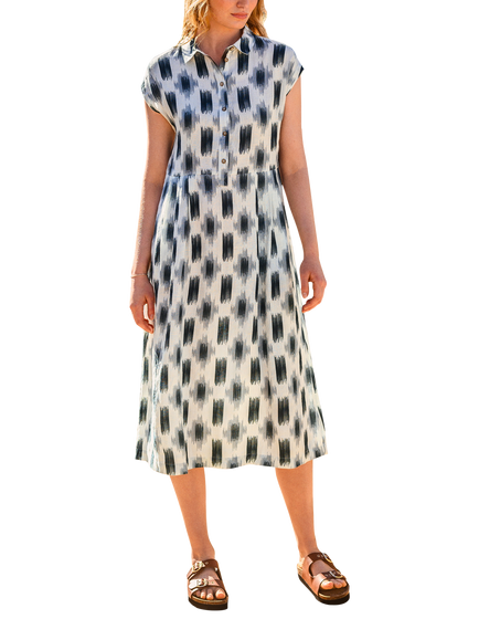 Celtic & Co. Abstract Ikat Pure Linen Midi Dress, Navy, Navy
