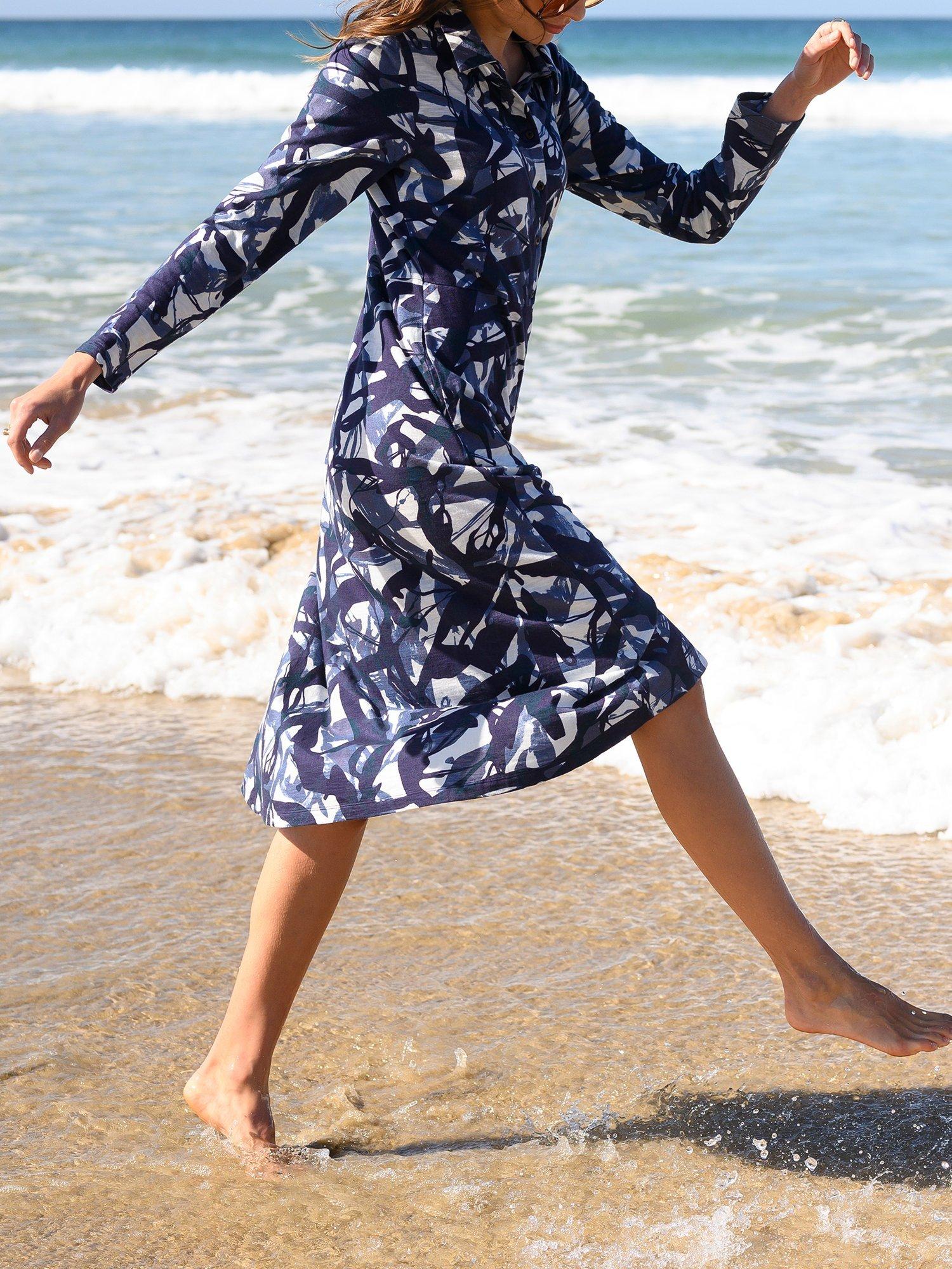 Product image 1 of 4, which shows Celtic & Co. Abstract Slub Shirt Dress, Navy/White, 8