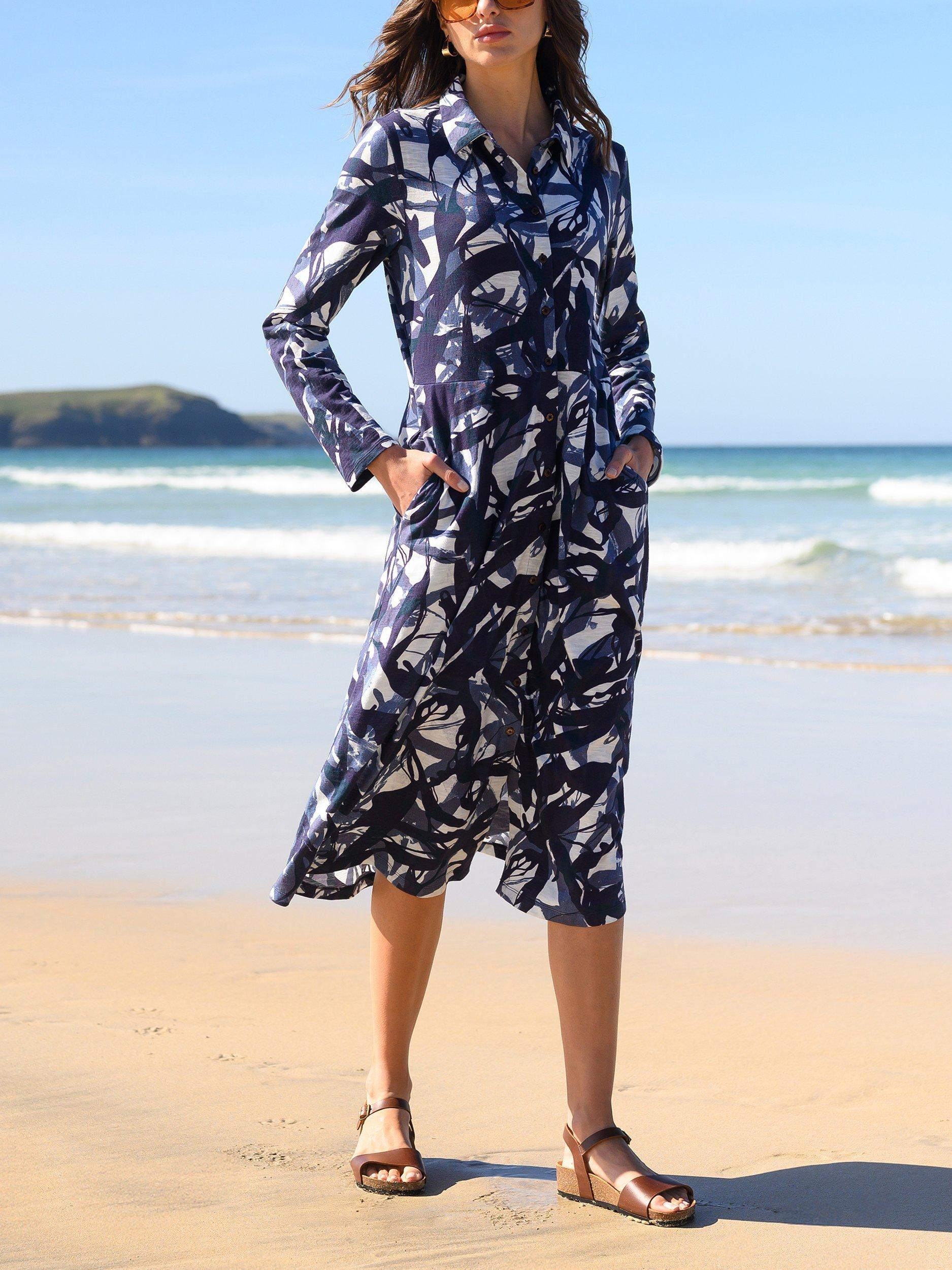 Product image 2 of 4, which shows Celtic & Co. Abstract Slub Shirt Dress, Navy/White, 8