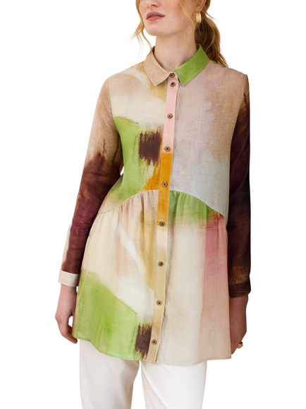 Celtic & Co. Gathered Waist Pure Linen Tunic Top, Multi, Multi