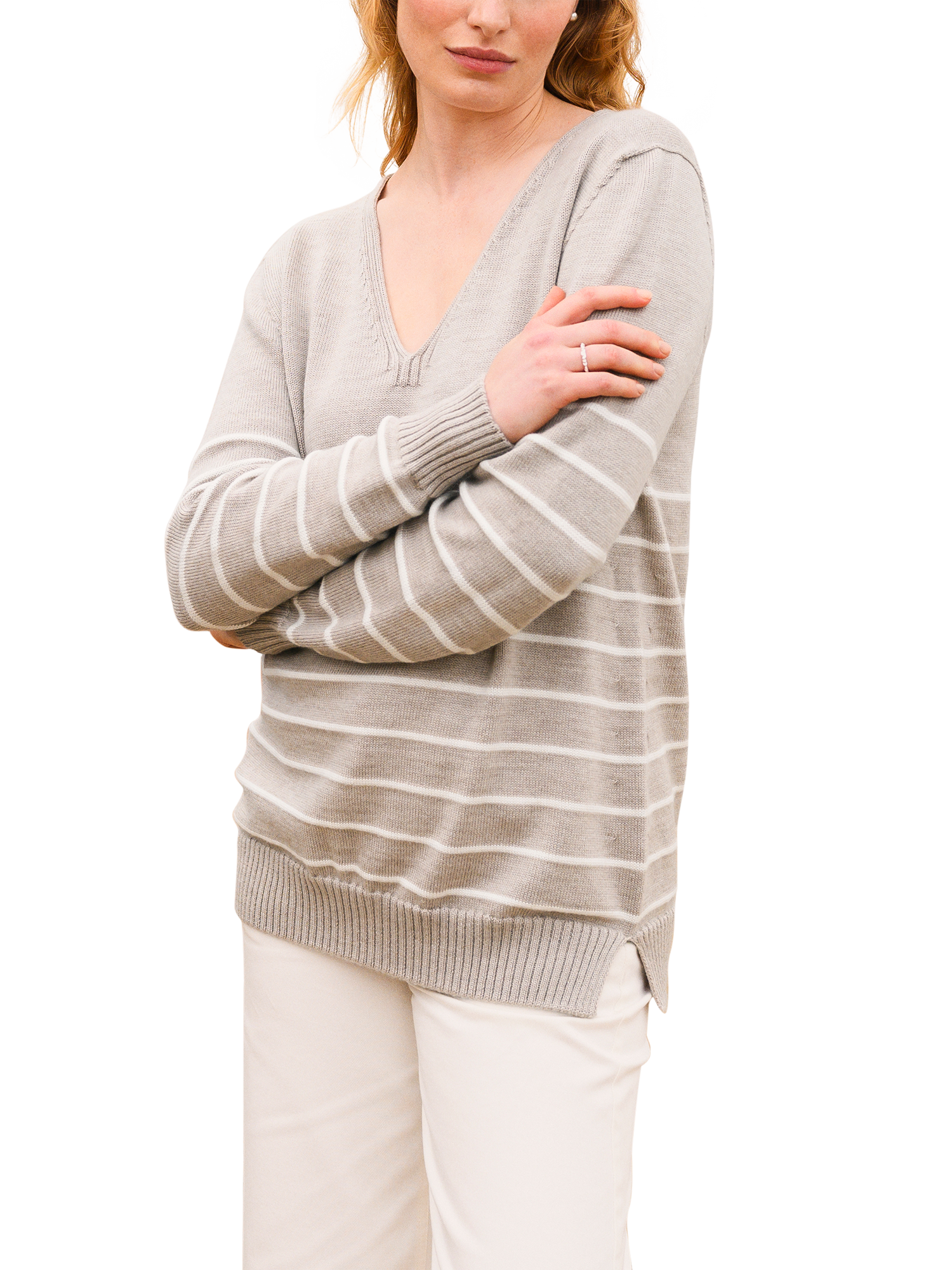 Product image 1 of 11, which shows Celtic & Co. Breton Stripe Pure Merino Wool V-Neck Jumper, Oatmeal/Ecru, XS