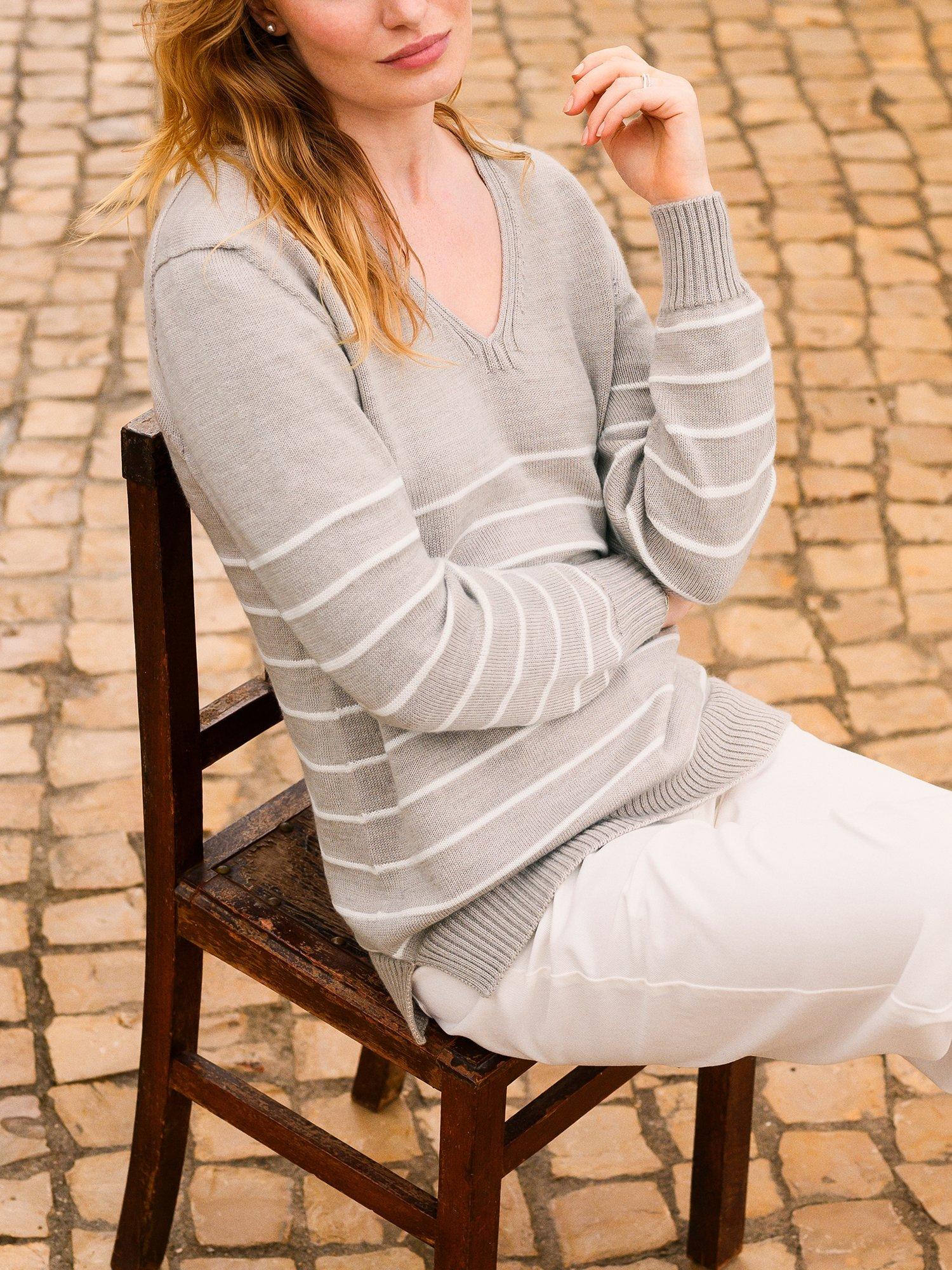 Product image 2 of 11, which shows Celtic & Co. Breton Stripe Pure Merino Wool V-Neck Jumper, Oatmeal/Ecru, XS