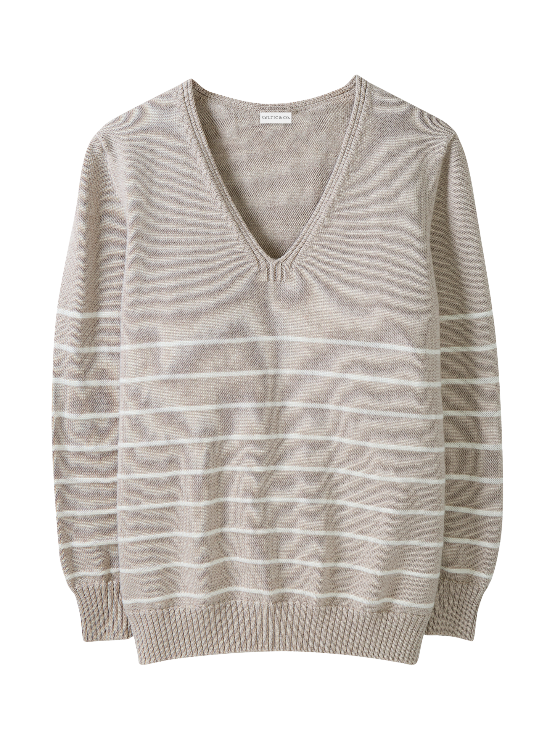 Product image 3 of 11, which shows Celtic & Co. Breton Stripe Pure Merino Wool V-Neck Jumper, Oatmeal/Ecru, XS