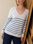 Celtic & Co. Breton Stripe Pure Merino Wool V-Neck Jumper, Ecru/Cobalt