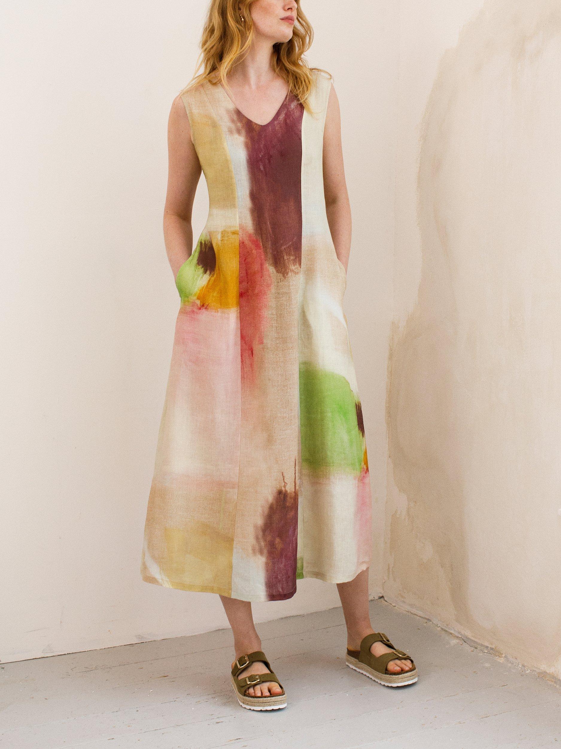 Product image 1 of 4, which shows Celtic & Co. Panelling Detail Pure Linen Dress, Multi, 8