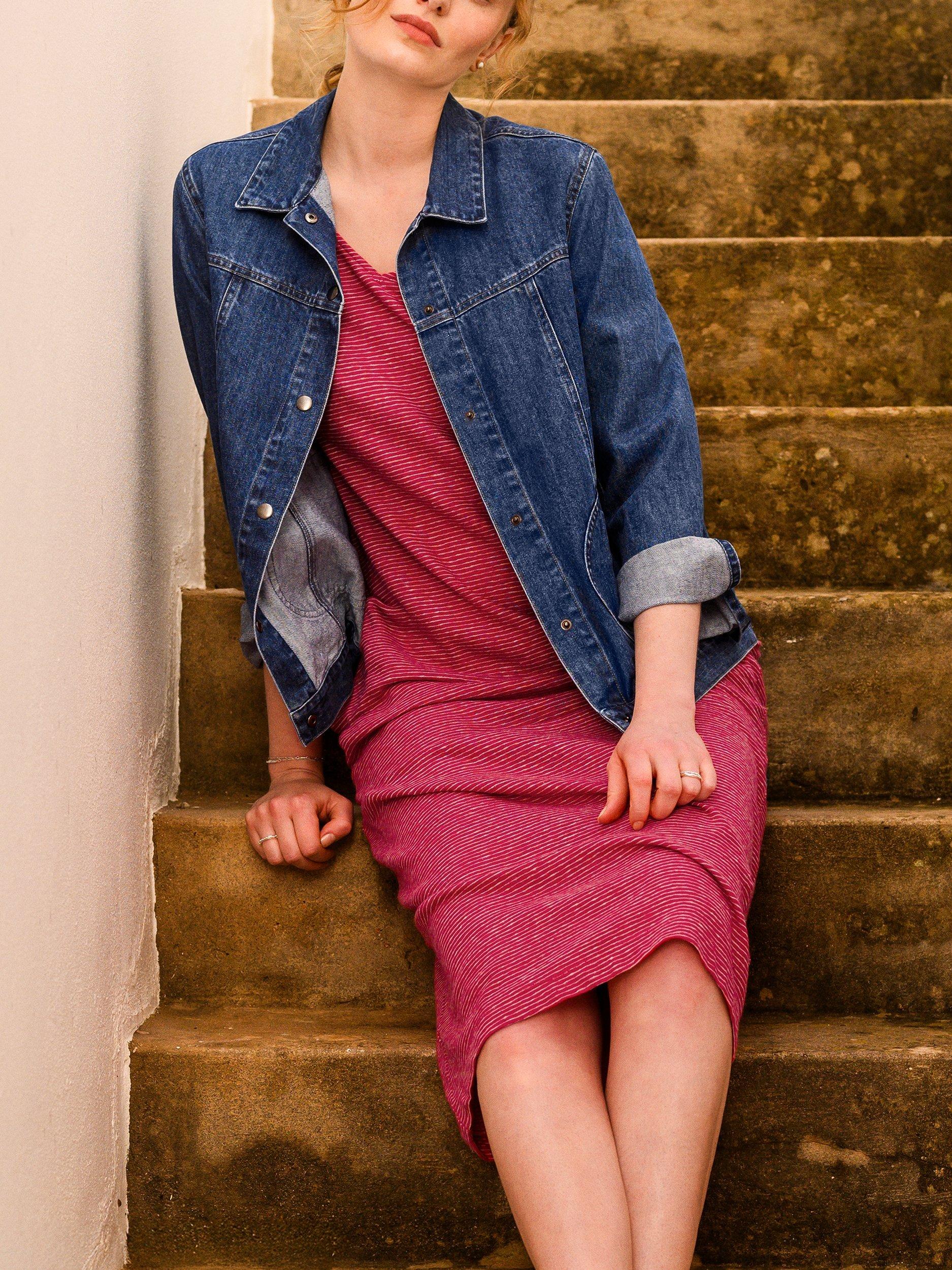 Product image 4 of 4, which shows Celtic & Co. Linen Cotton Blend V-Neck Midi Dress, Raspberry, 8