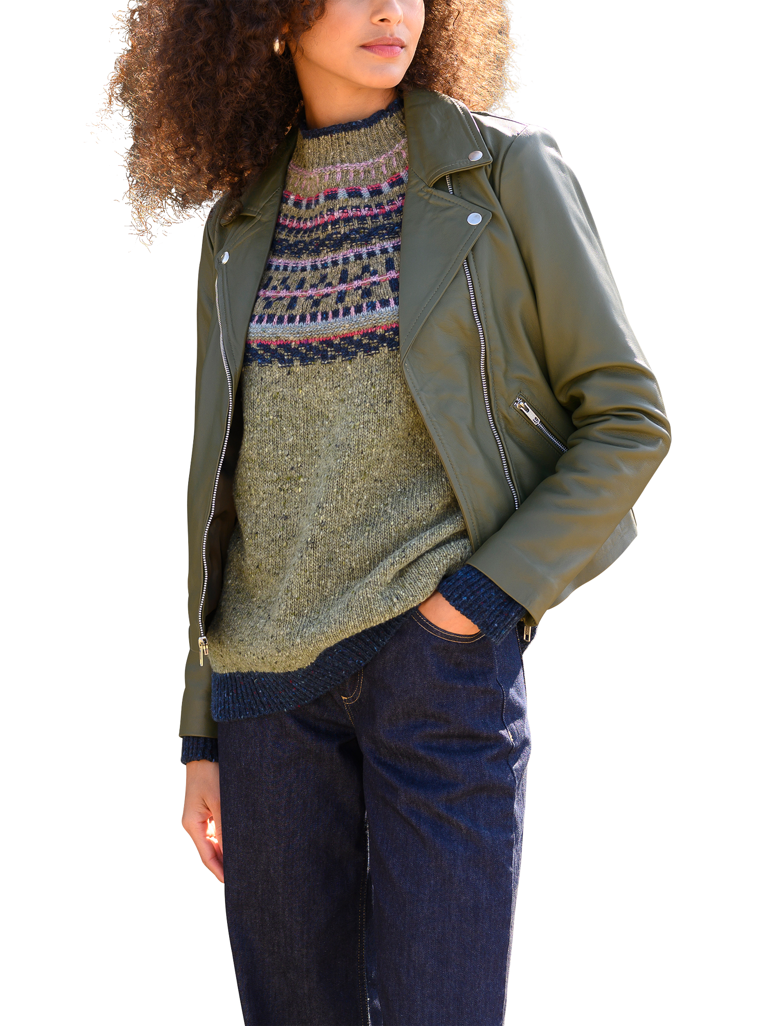 Product image 1 of 6, which shows Celtic & Co. Leather Biker Jacket, Khaki, 8