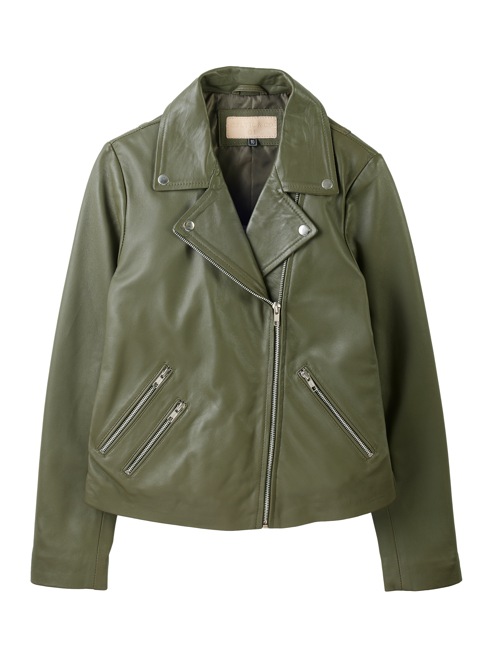 Product image 2 of 6, which shows Celtic & Co. Leather Biker Jacket, Khaki, 8